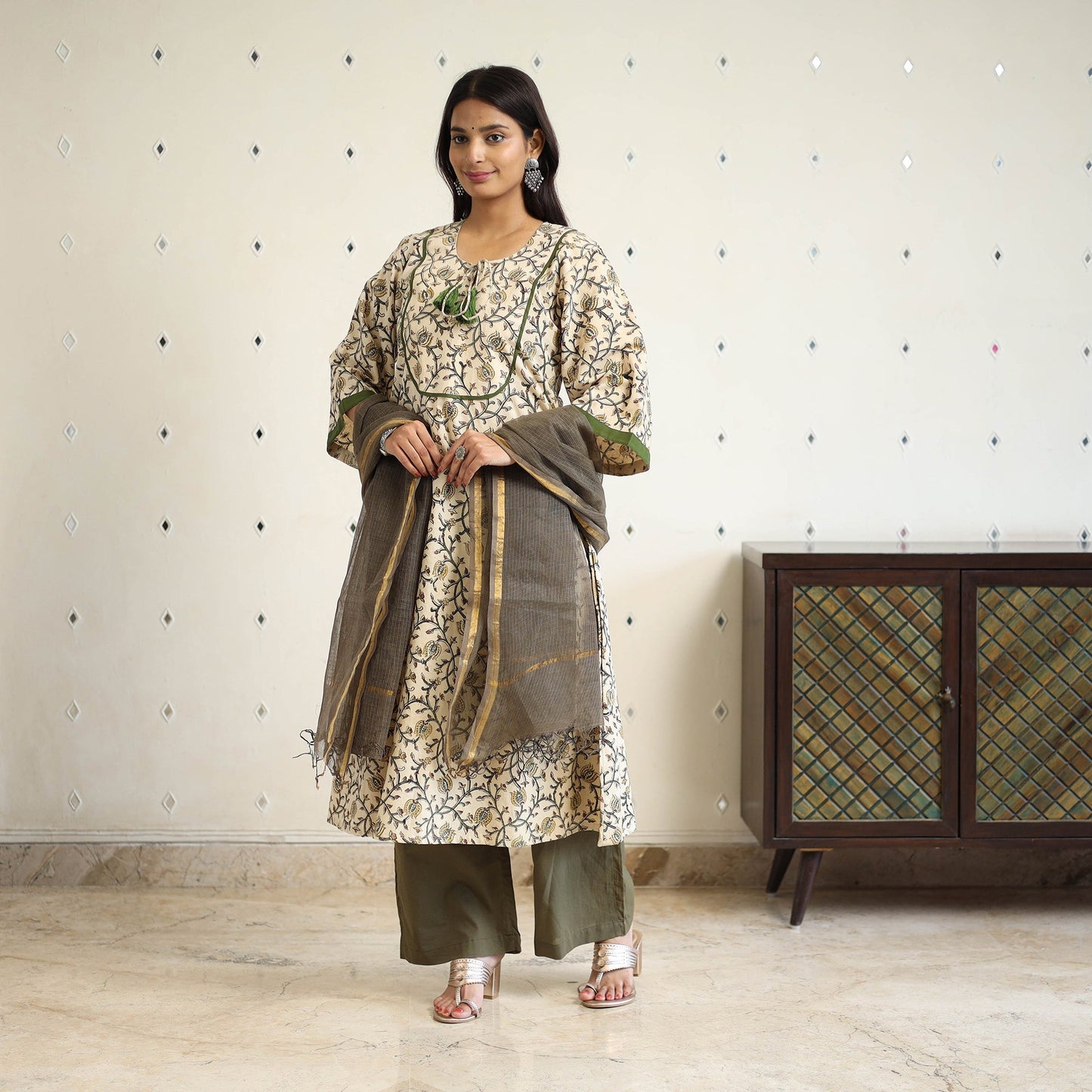 Block Print Cotton Pedana Kalamkari Kurta Set (Set of 3)