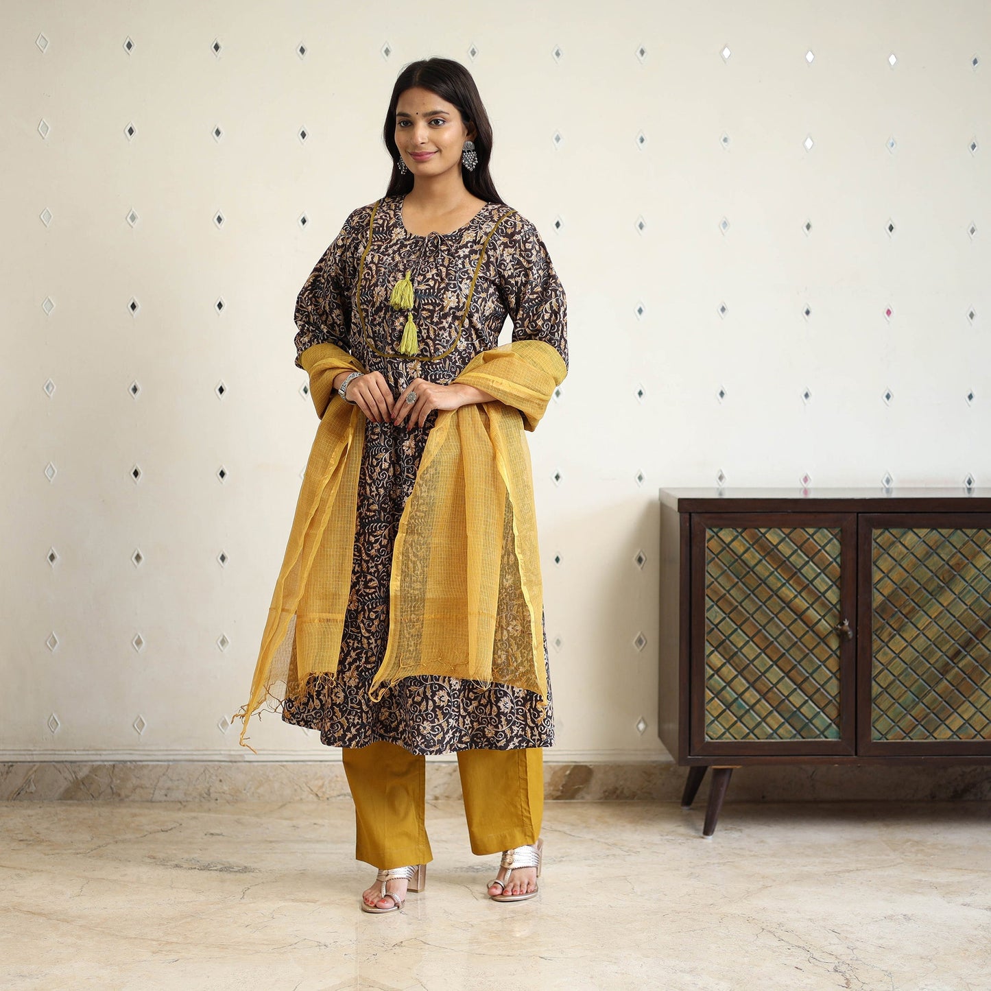 Block Print Cotton Pedana Kalamkari Kurta Set (Set of 3)