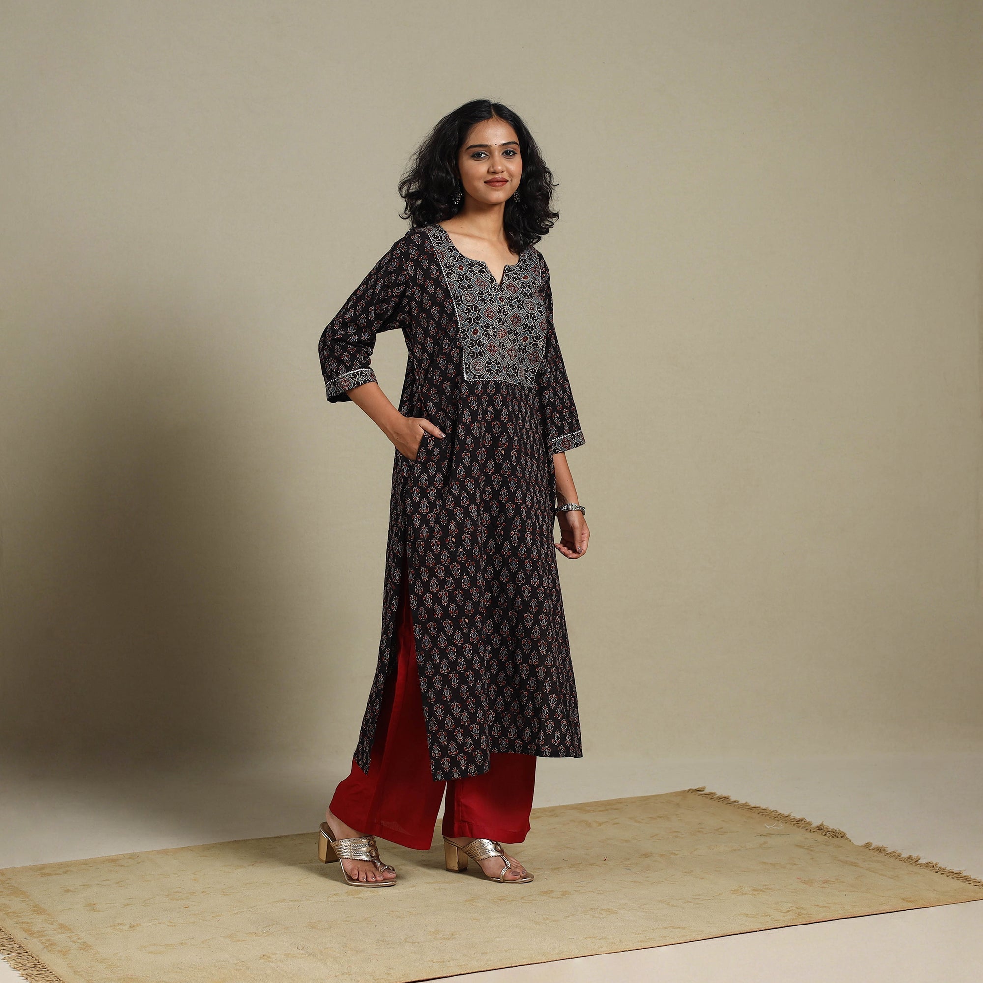 Block Print Natural Dyed Cotton Straight Ajrakh Long Kurta 06