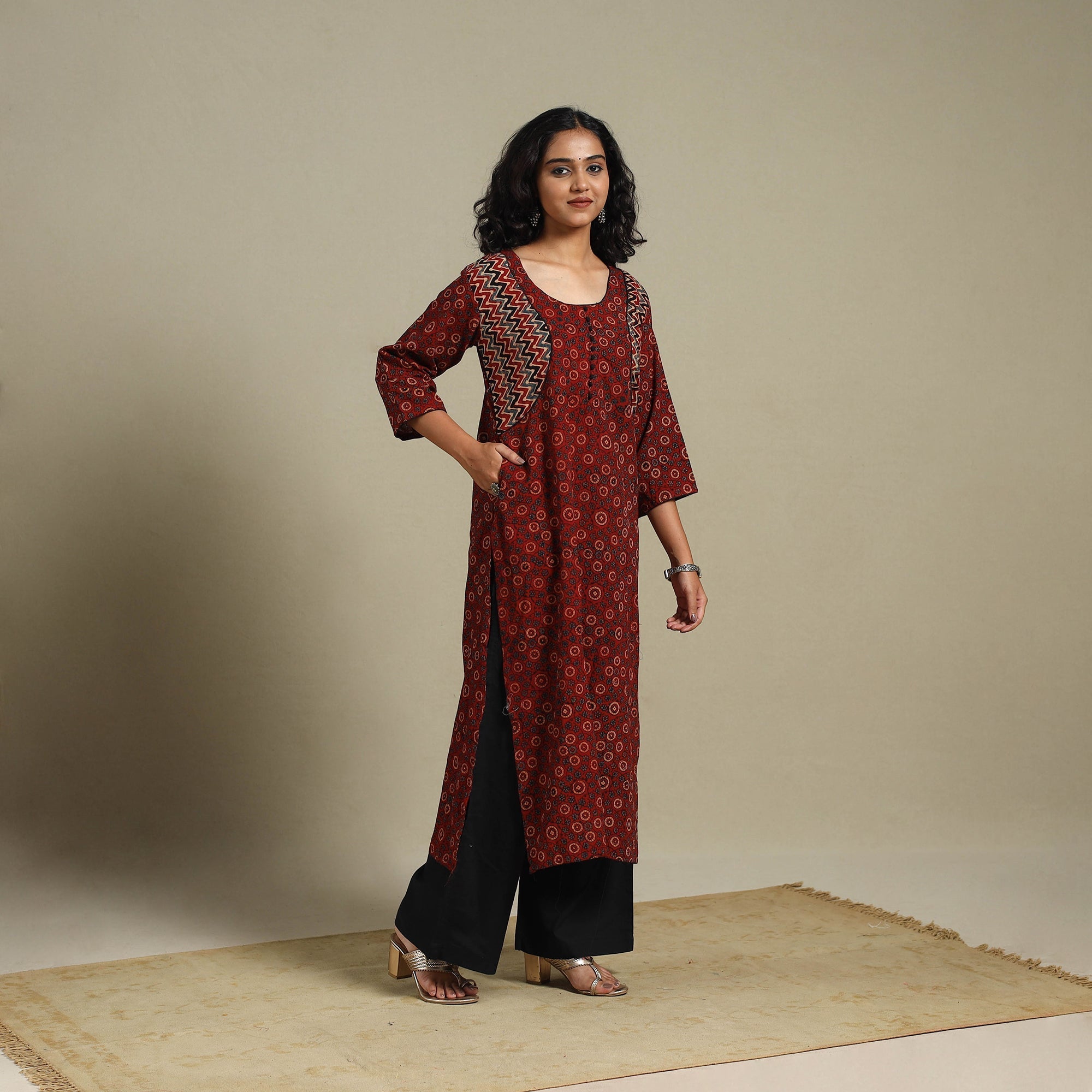 Block Print Natural Dyed Cotton Straight Ajrakh Long Kurta 12