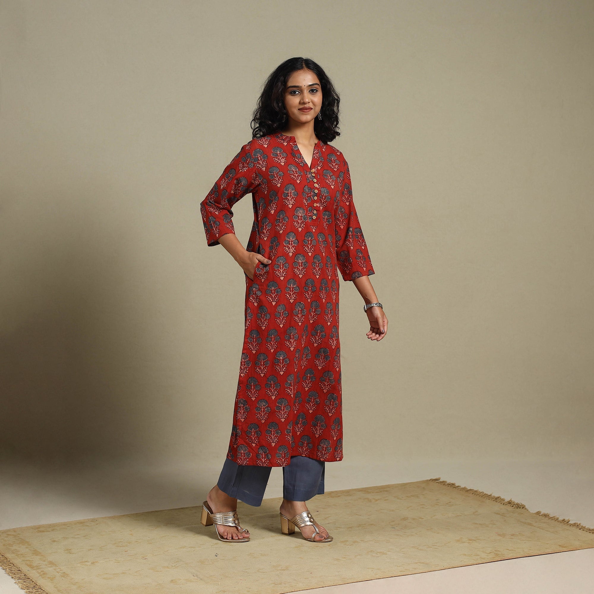 Block Print Natural Dyed Cotton Straight Ajrakh Long Kurta 13