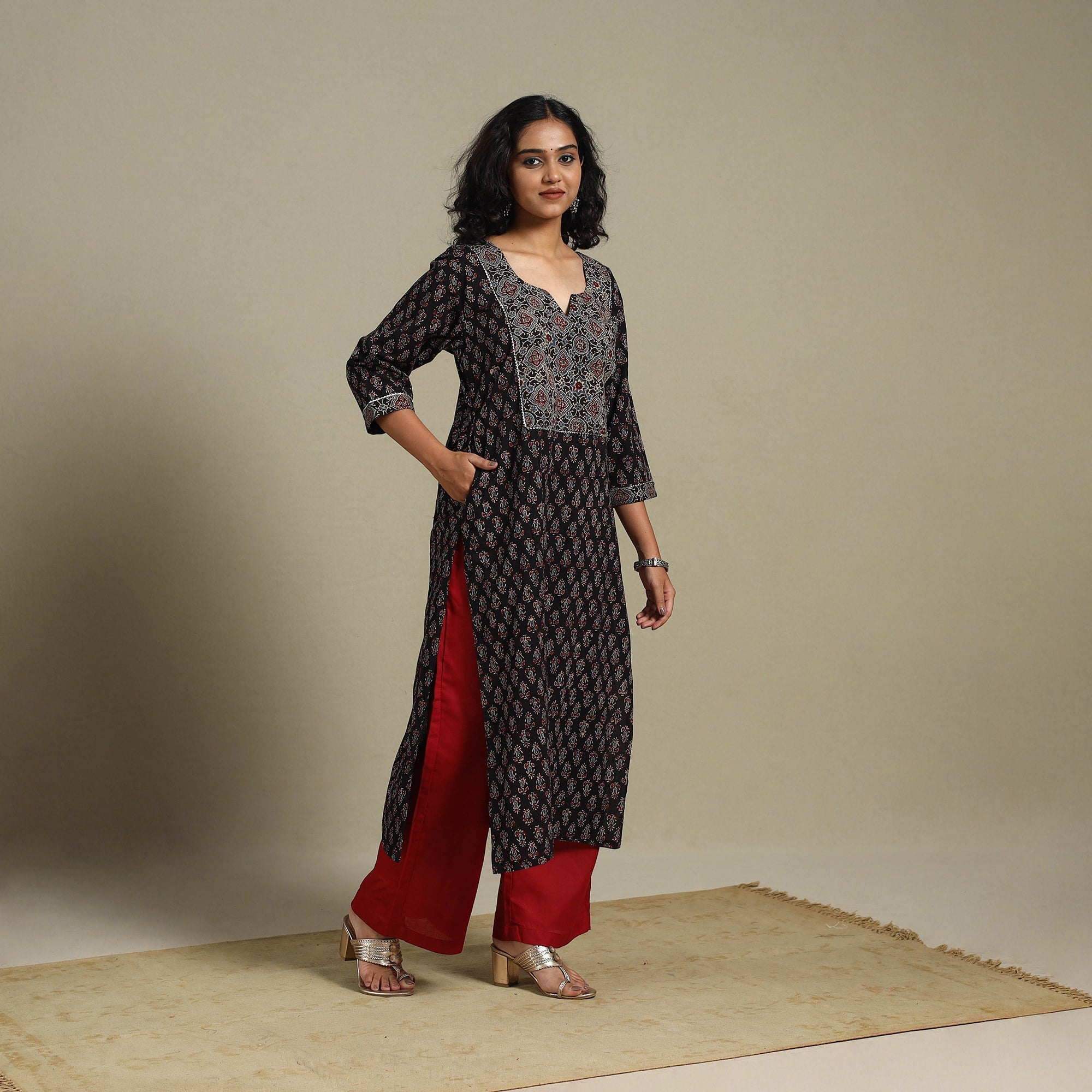 Block Print Natural Dyed Cotton Straight Ajrakh Long Kurta 16