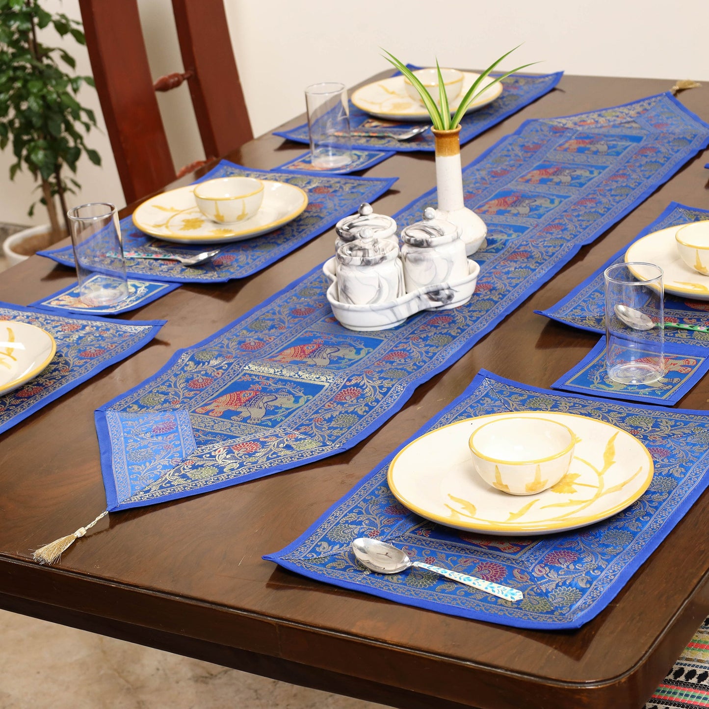Blue - 13pc dining table linen set in brocade banarasi silk