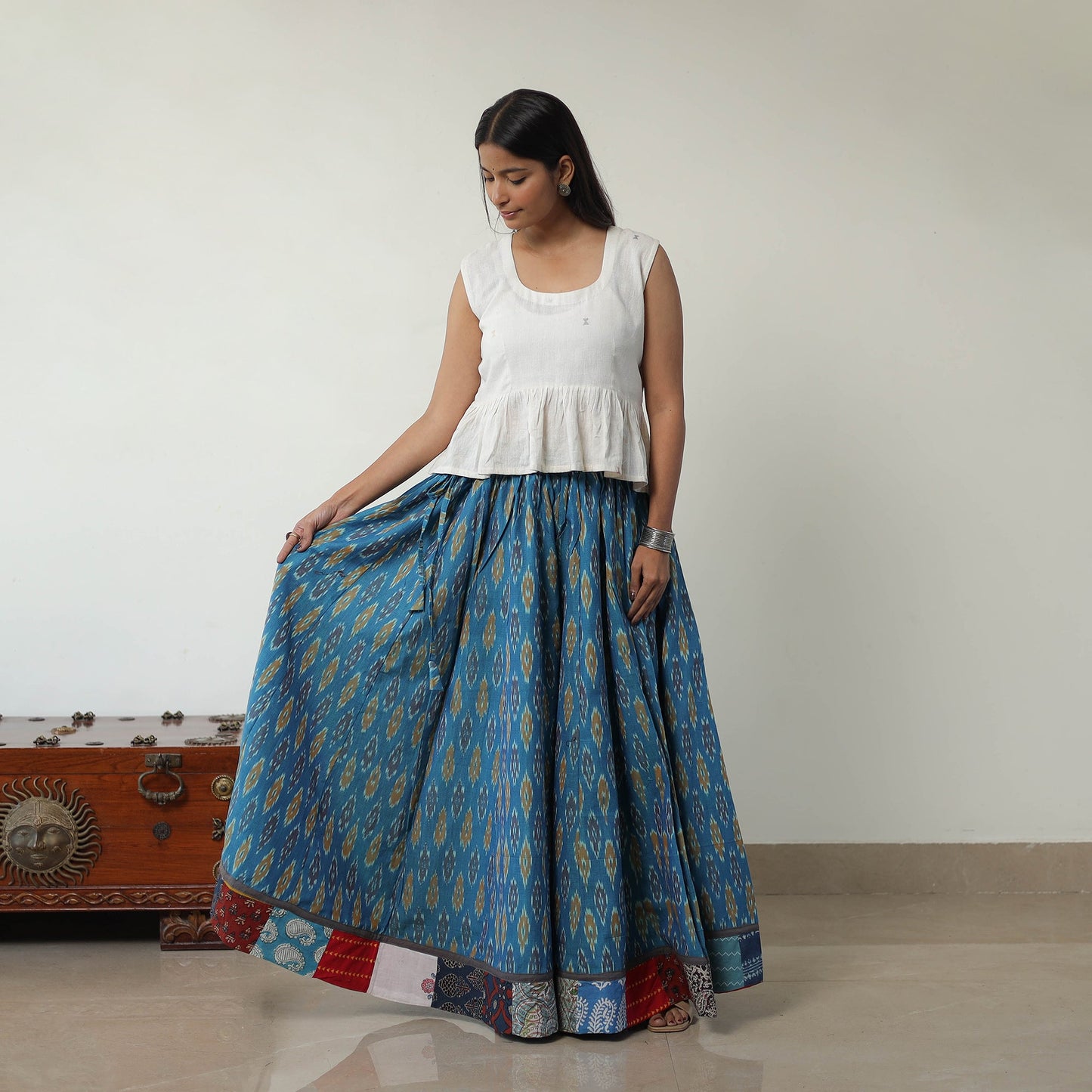 Blue 24 Kali Cotton Pochampally Ikat Skirt