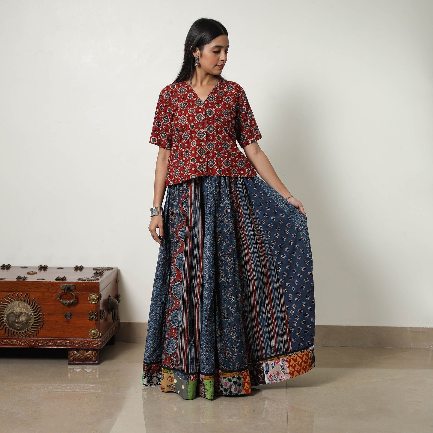 Blue - 24 Kali Patchwork Block Printed Cotton Ajrakh Skirt 09