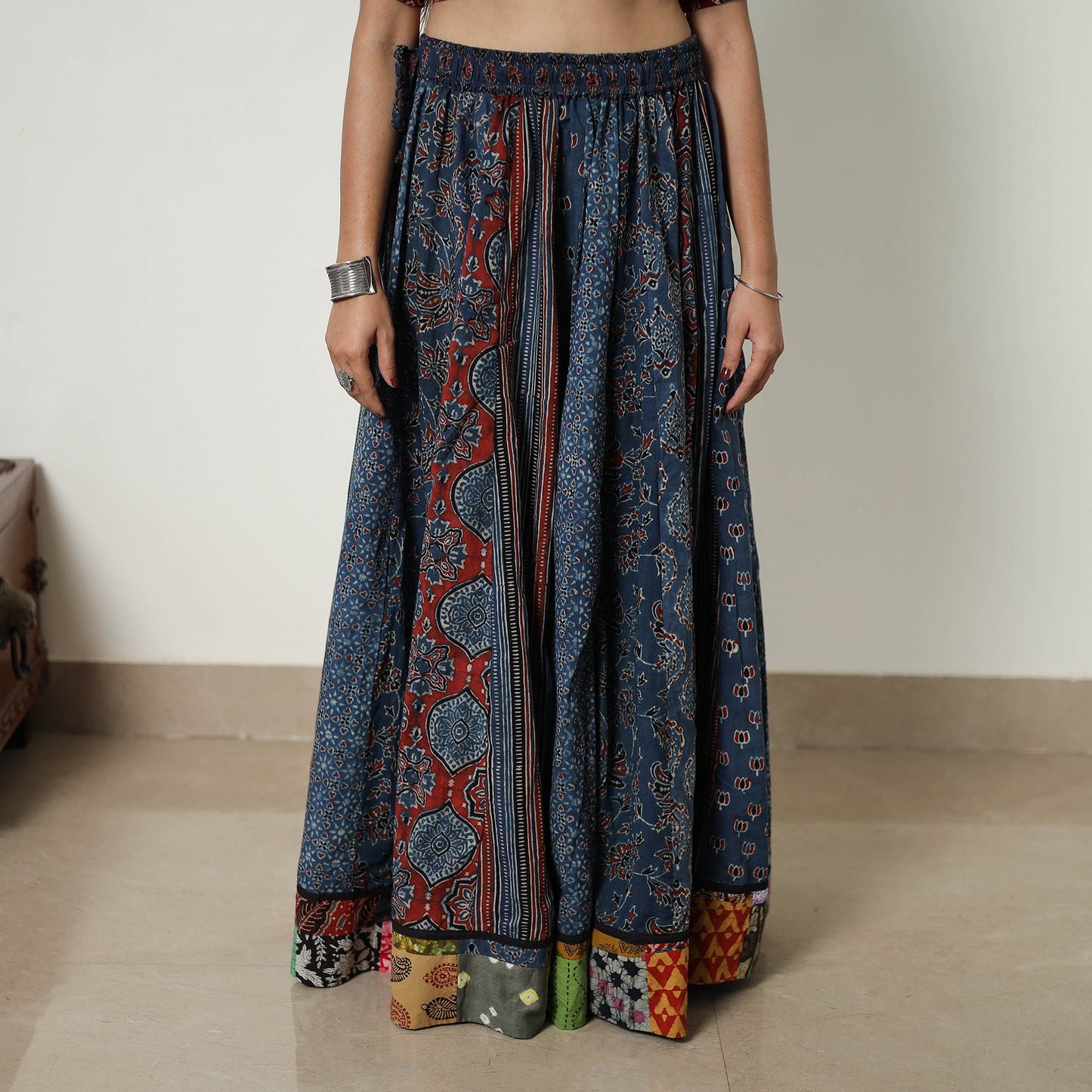 Blue - 24 Kali Patchwork Block Printed Cotton Ajrakh Skirt 09