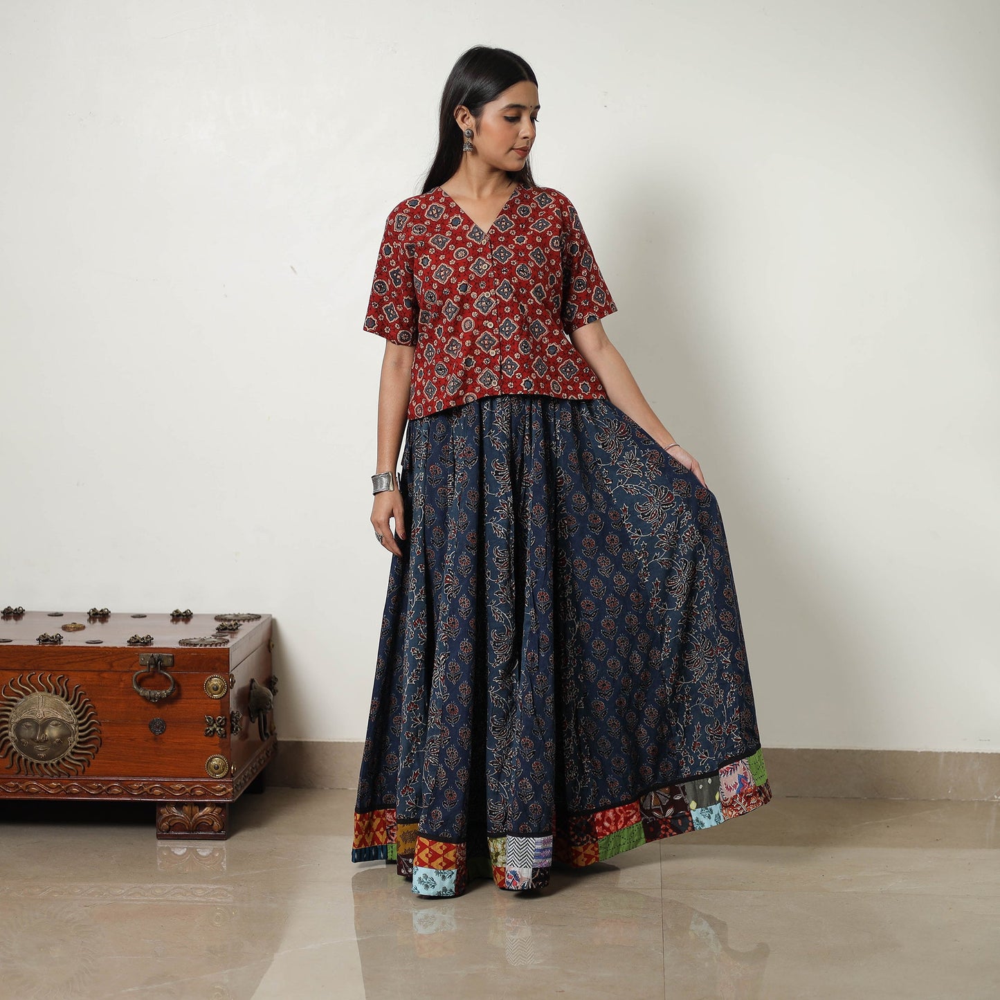 Shop Black 24 Kali Patchwork Block Printed Cotton Ajrakh Skirt