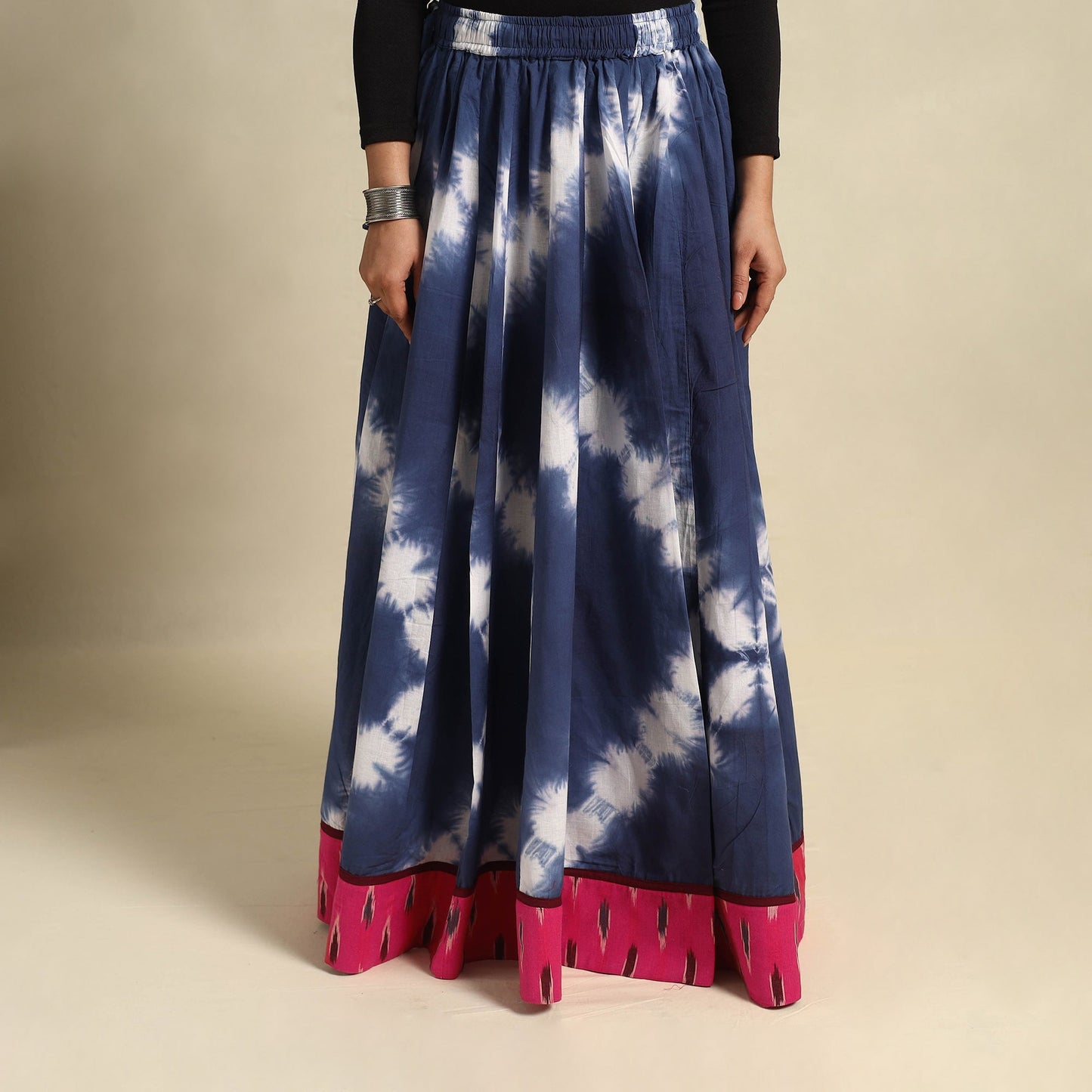 24 Kali Blue Patchwork Cotton Long Shibori Tie-Dye Skirt