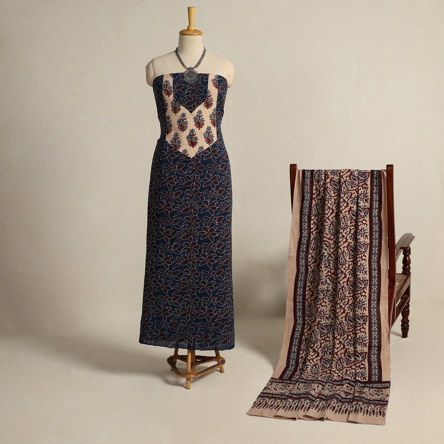 Blue 2pc Block Print Natural Dyed Ajrakh Dress Material