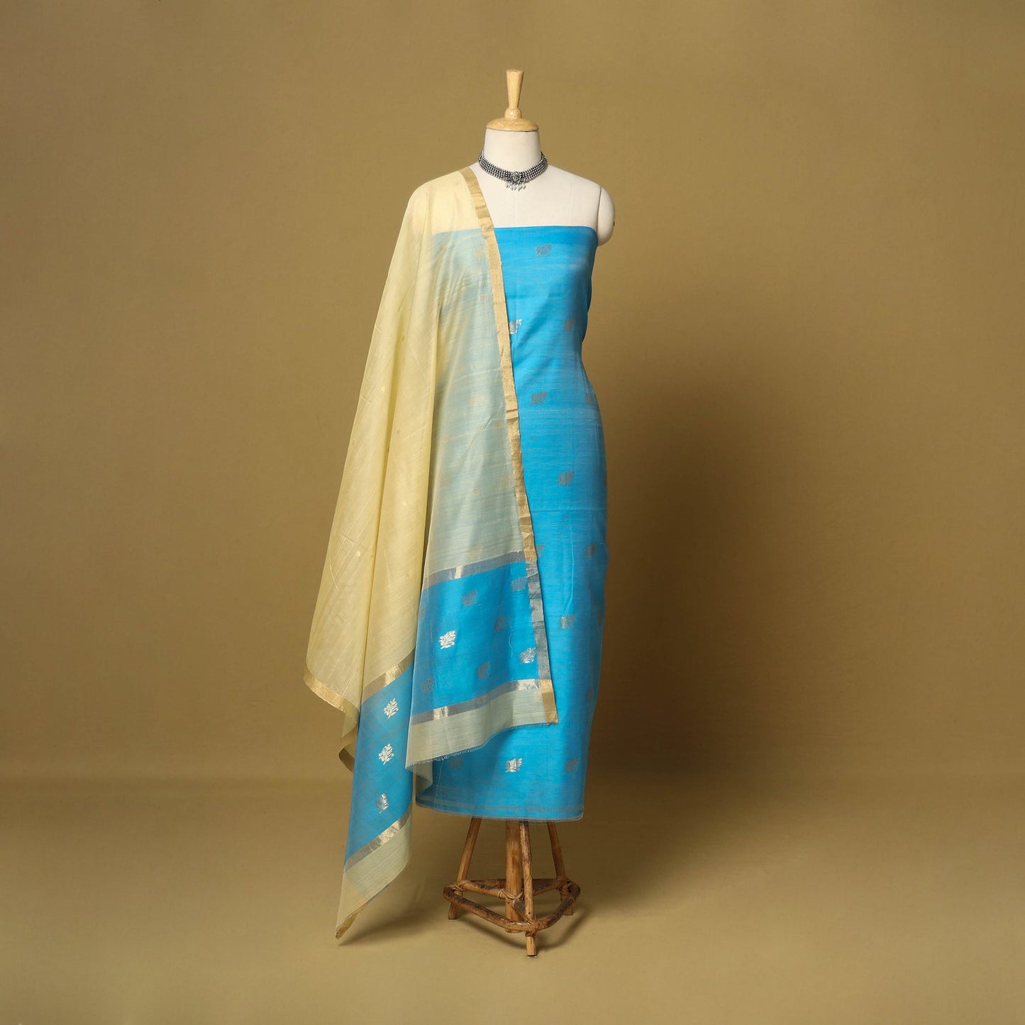 Blue - 2pc handloom zari buta unstitched chanderi silk