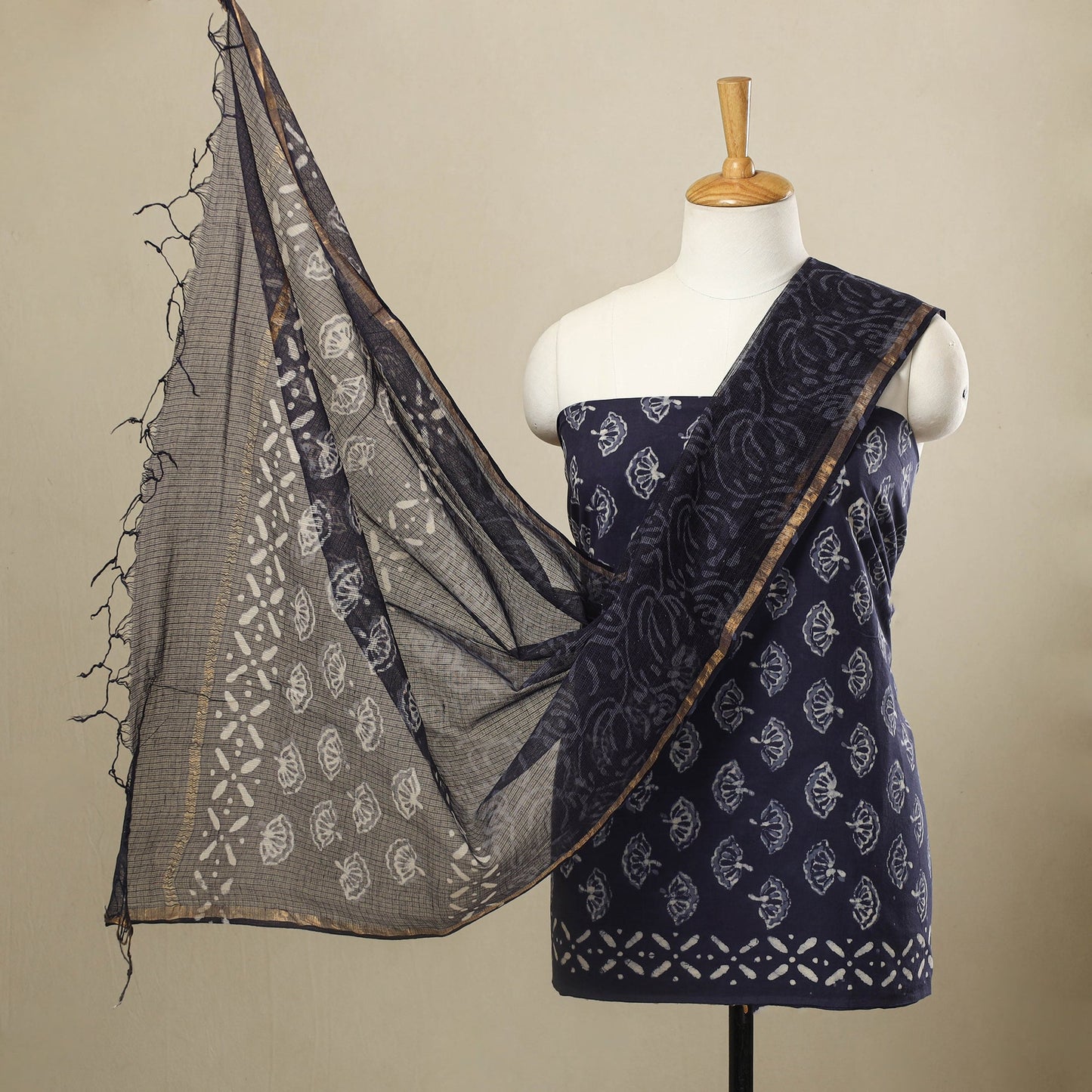 3pc Block Print Cotton Blue Batik Dress Material