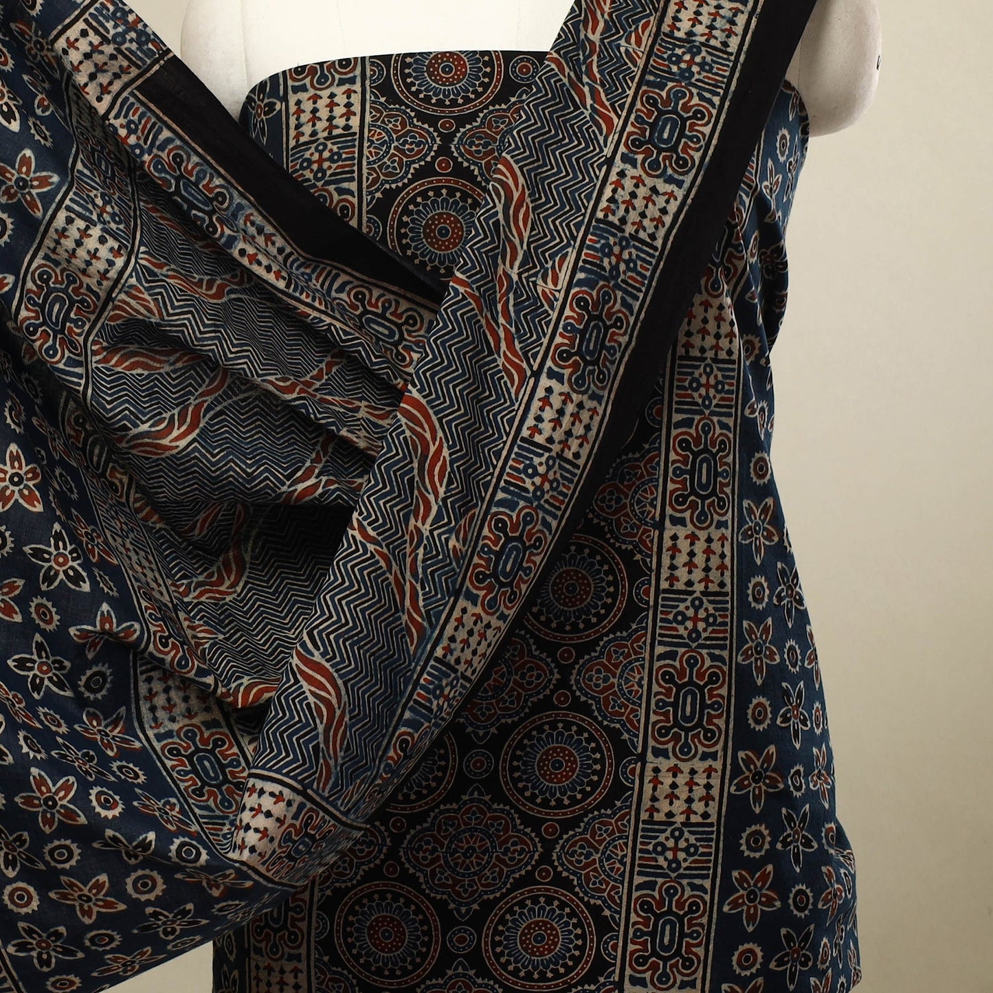 3pc Blue Block Print Natural Dyed Ajrakh Dress Material