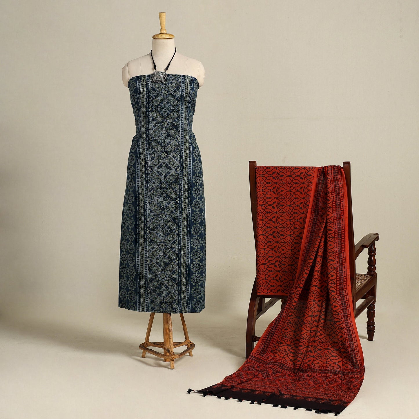 Blue 3pc Block Print Natural Dyed Ajrakh Dress Material