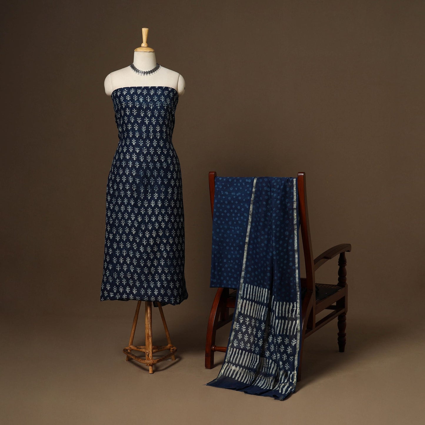 3pc chanderi silk unstitched indigo hand bagru dress