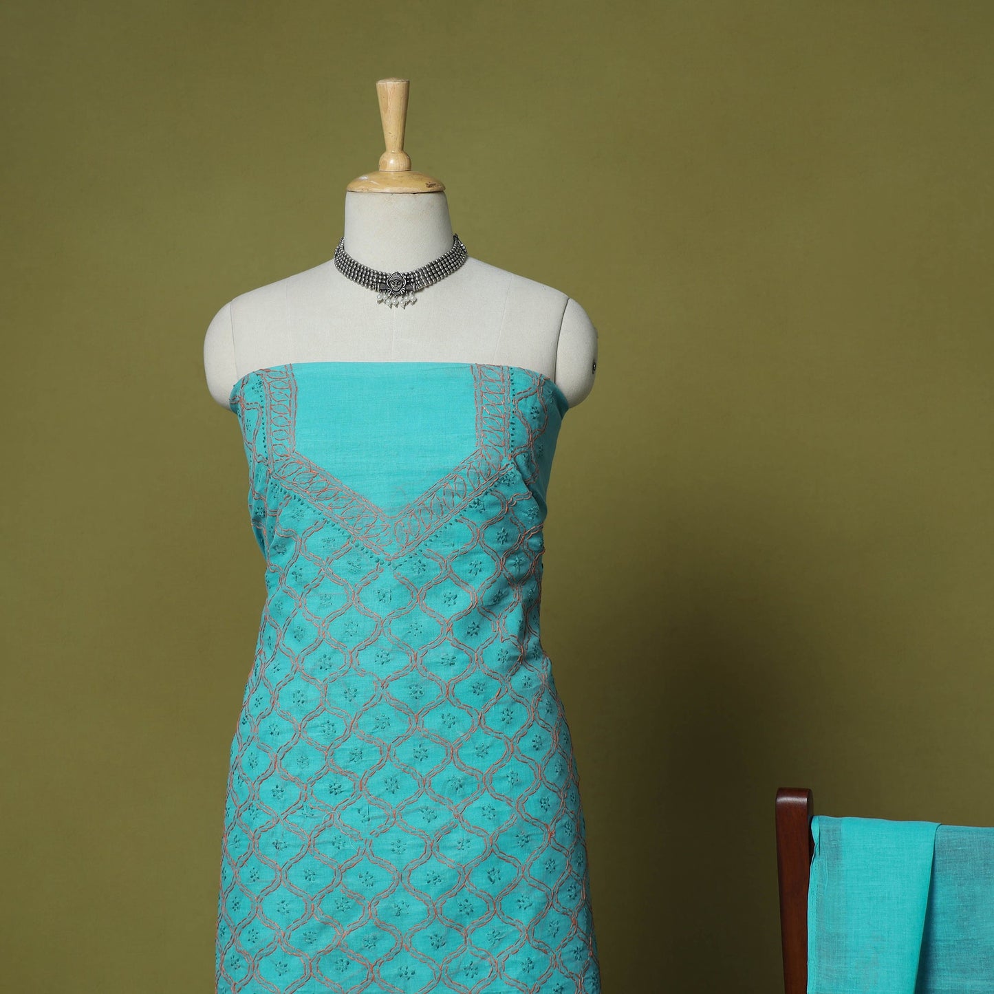 Blue - 3pc hand embroidery cotton lucknow chikankari dress