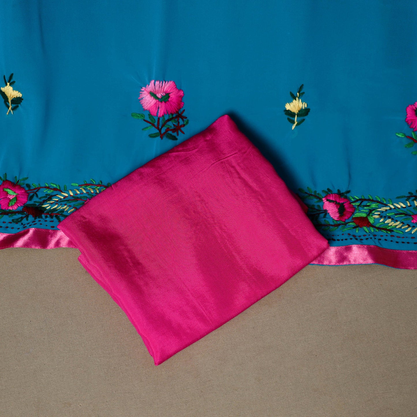 Blue - 3pc hand embroidery georgette unstitched phulkari