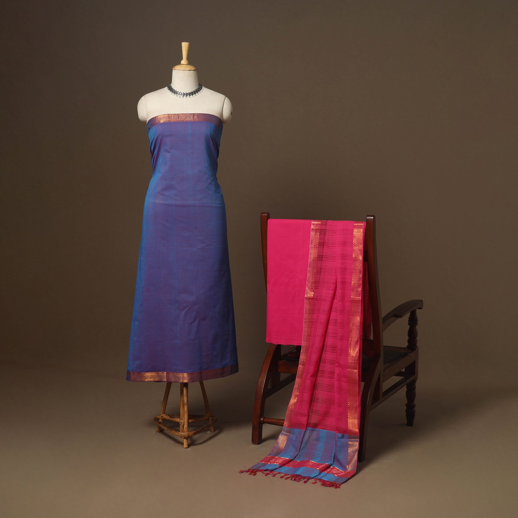 Blue 3pc Handloom Cotton Unstitched Mangalagiri with Zari BorderUnstitched Dress Material Suit Sets
