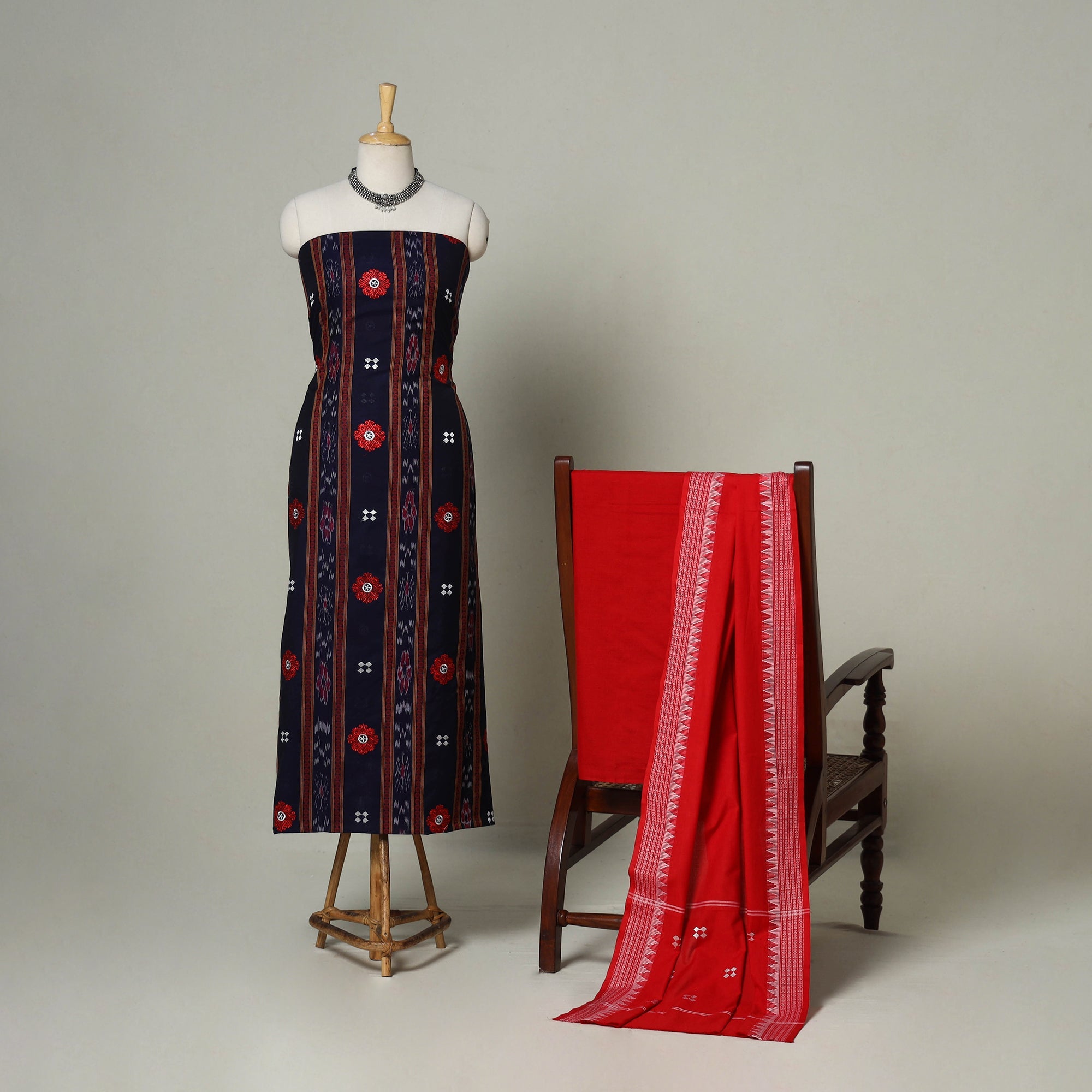 Blue - Sambalpuri Ikat Handloom Cotton 3pc Unstitched Dress Material Suit Set 16