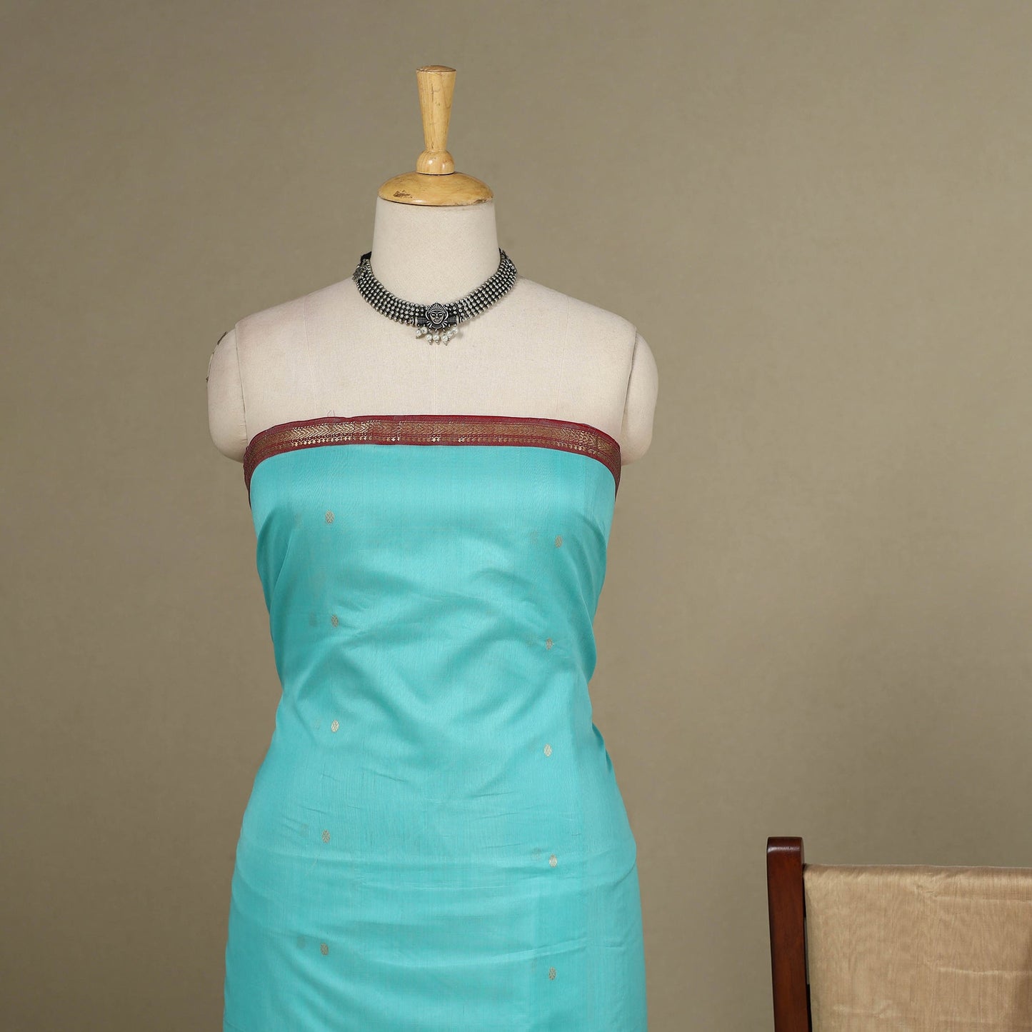 Blue - 3pc Handloom Nakshi Zari Unstitched Chanderi Silk Dress Material