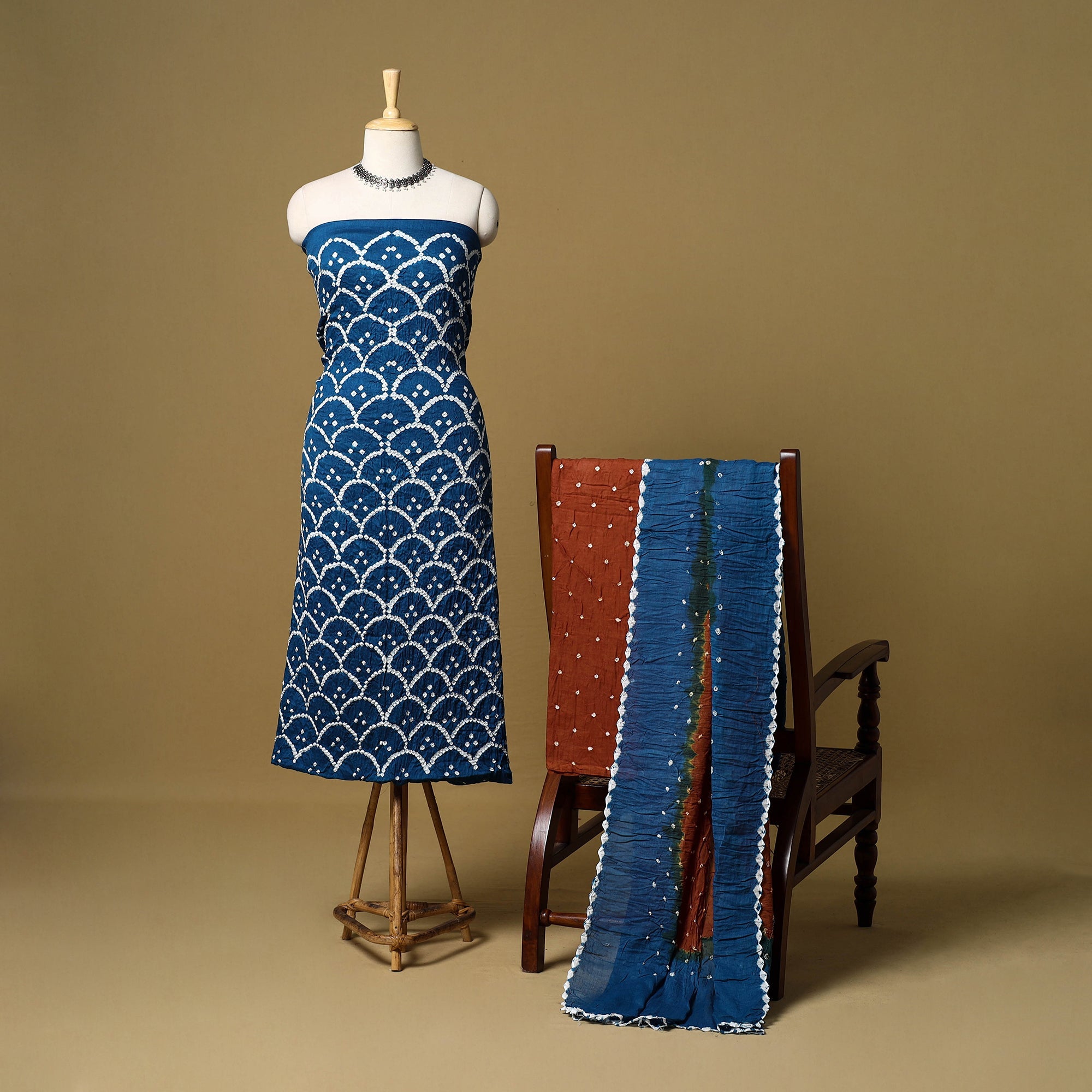 Brown - Kutch Tie-Dye Satin Cotton Bandhani 3pc Unstitched Dress Material 120 main image 0