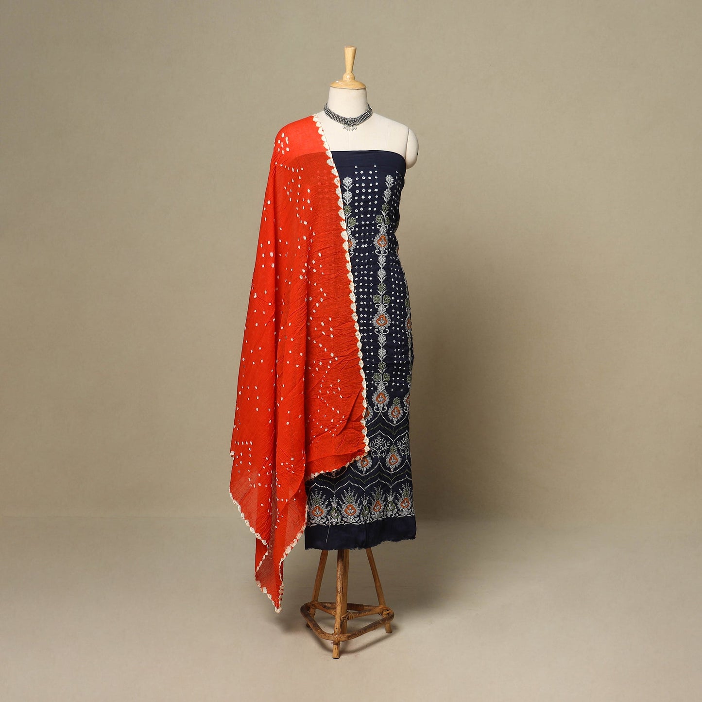 Blue - 3pc kutch tie-dye satin cotton unstitched bandhani