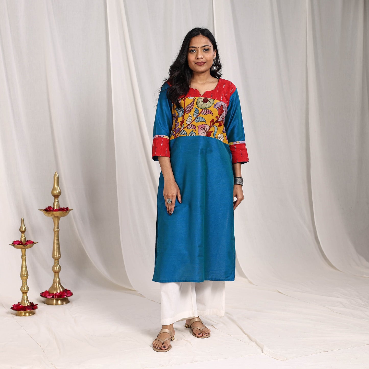 Blue Aaliya Slub Silk Straight Plain Kurta with Patchwork for Women