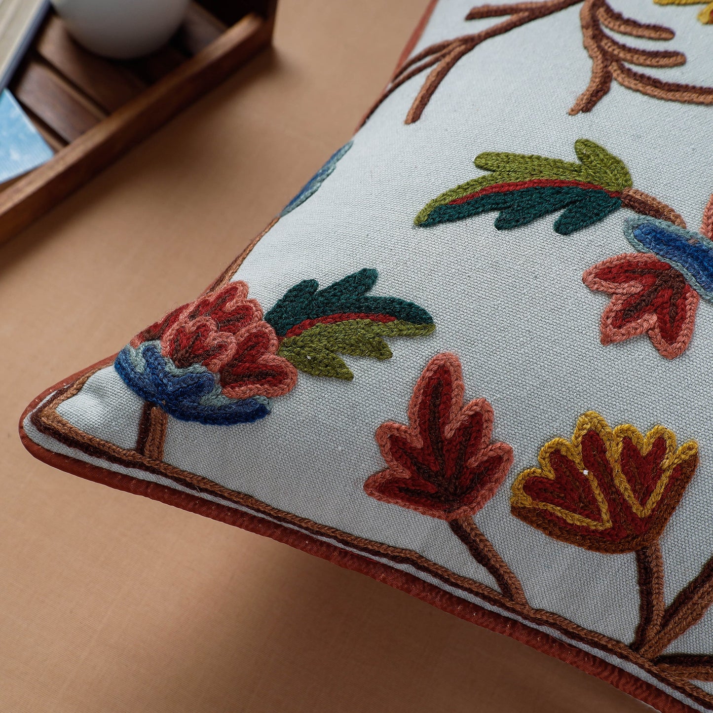 Blue Aari Hand Embroidery Cotton Duck Cushion Cover
