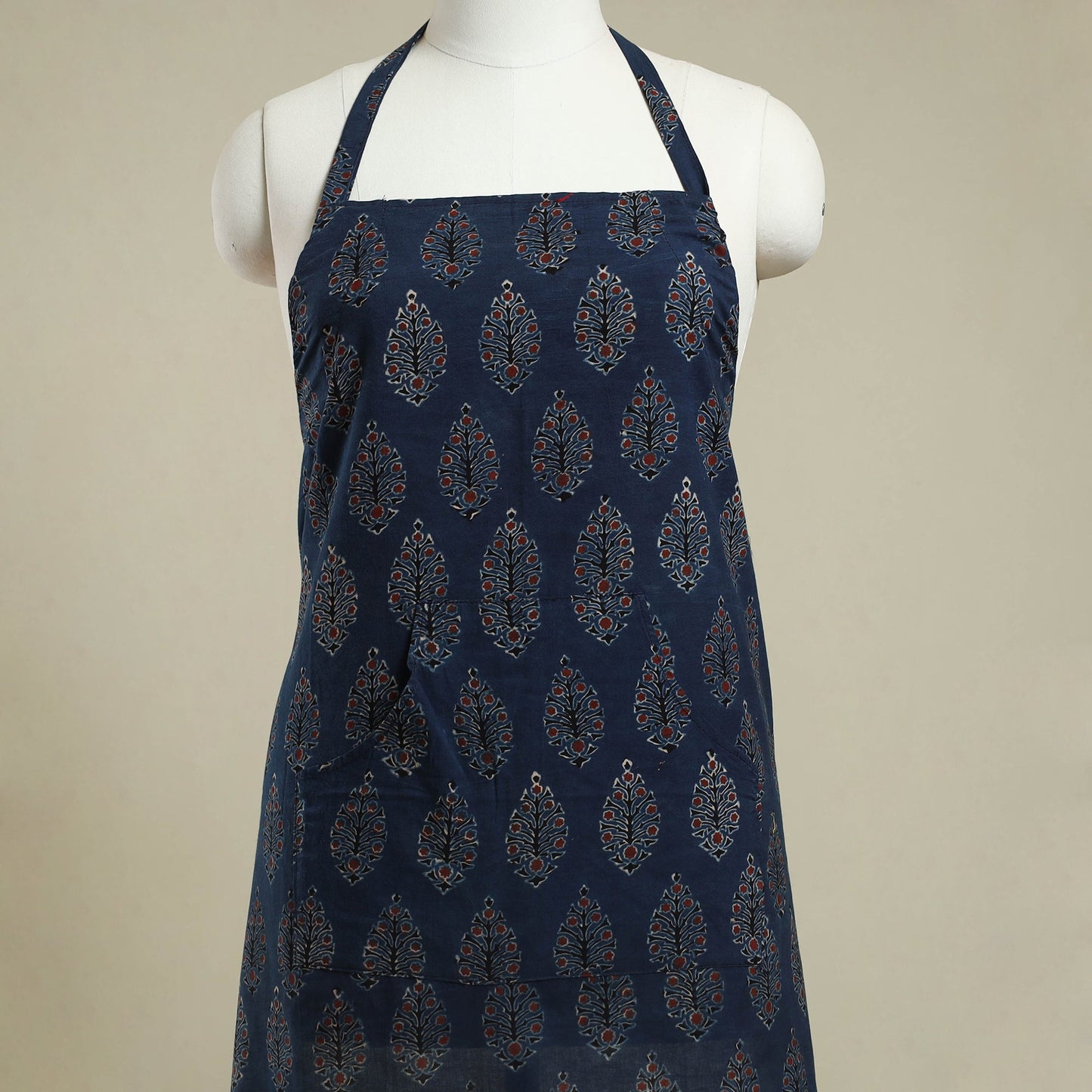 Blue Ajrakh Block Print Cotton Apron with Pocket