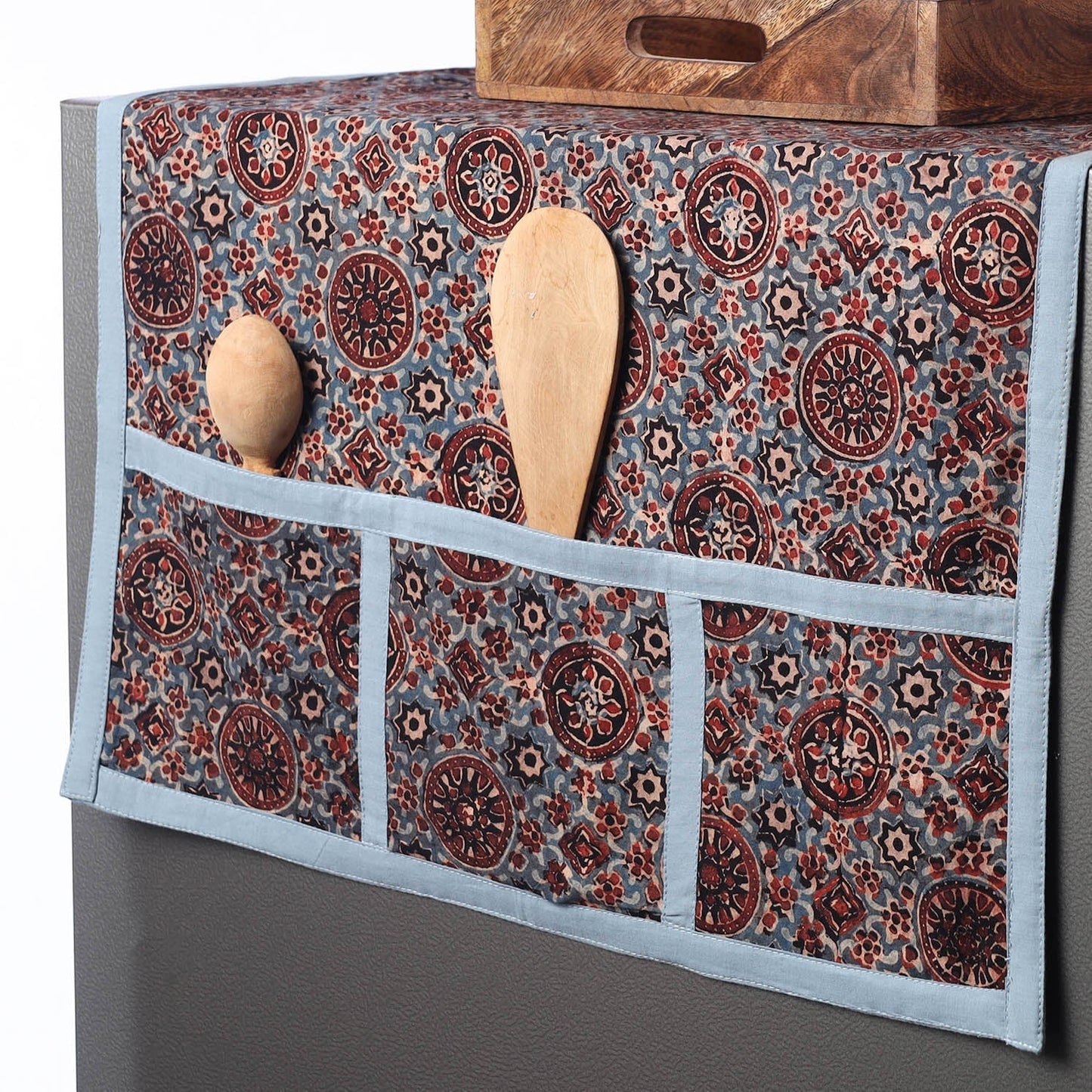Blue Ajrakh Block Printed Cotton Fridge Top Cover with Multiple Pockets