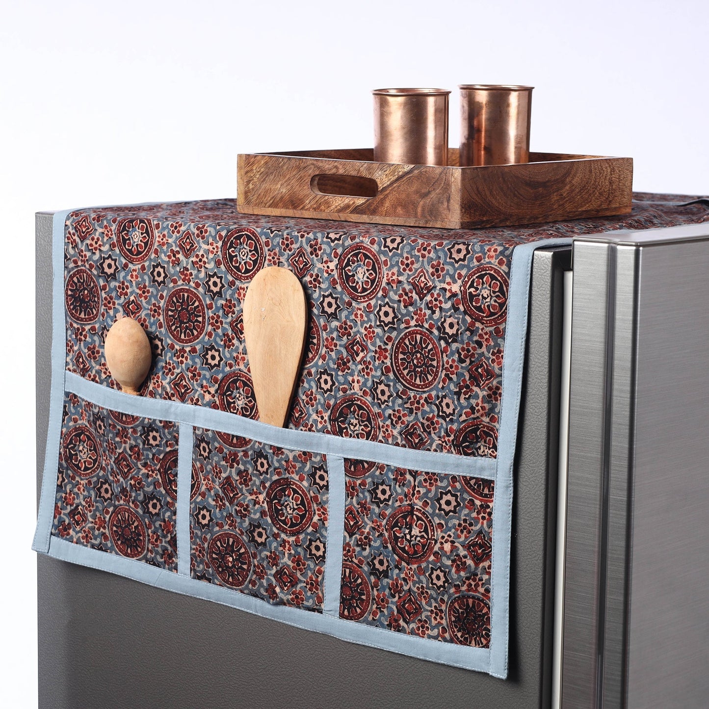 Blue Ajrakh Block Printed Cotton Fridge Top Cover with Multiple Pockets