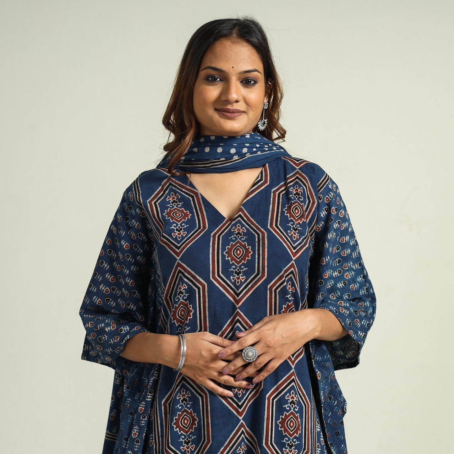 Ajrakh Kaftan with Palazzo & Dupatta Set