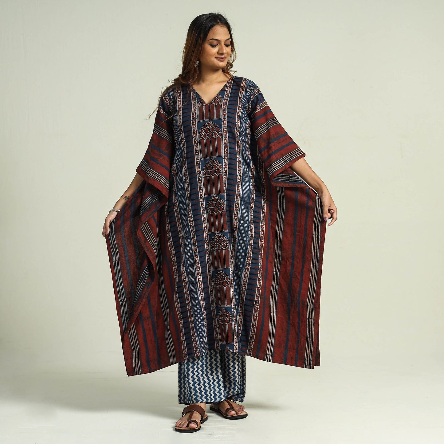 Ajrakh Kaftan with Palazzo & Dupatta Set