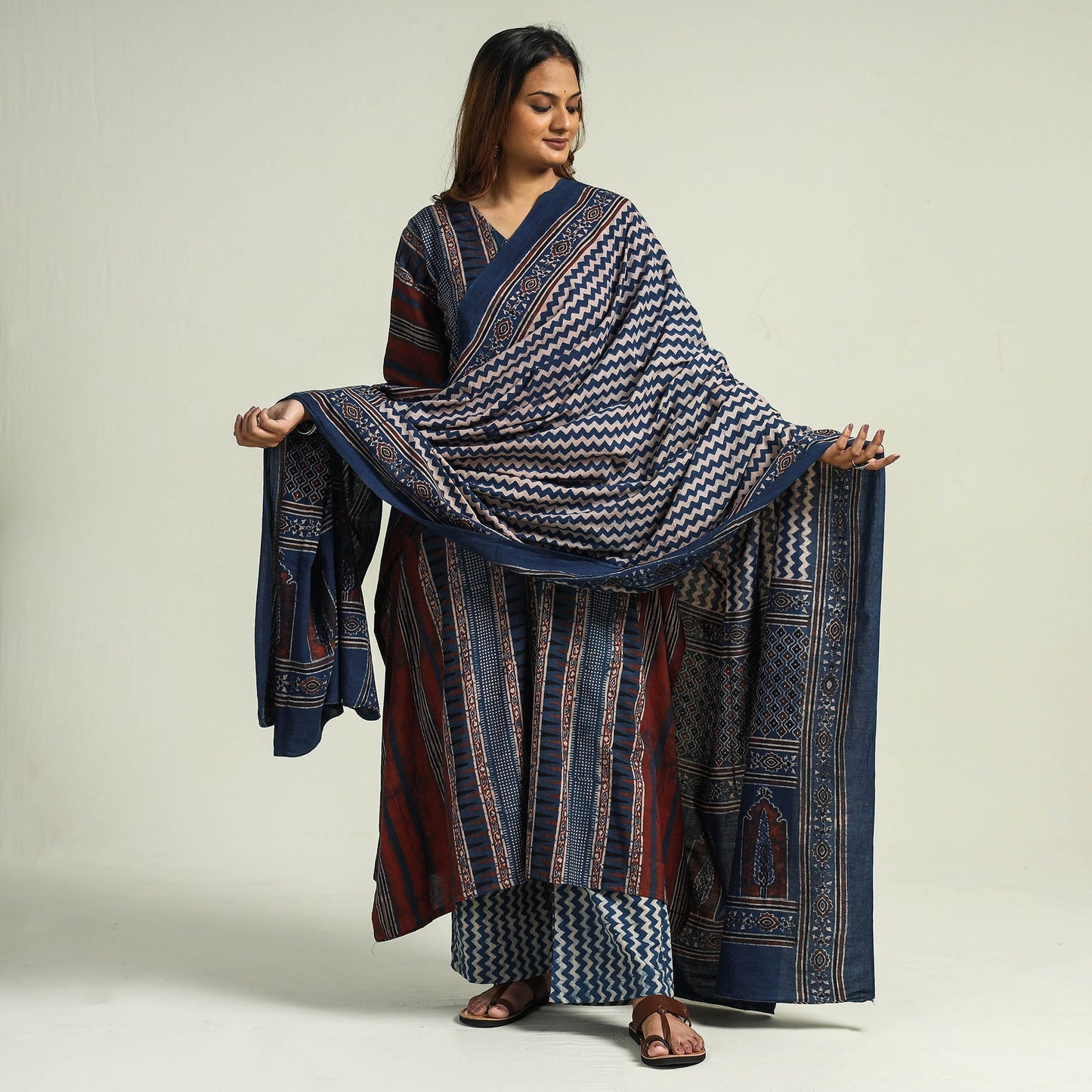 Ajrakh Kaftan with Palazzo & Dupatta Set