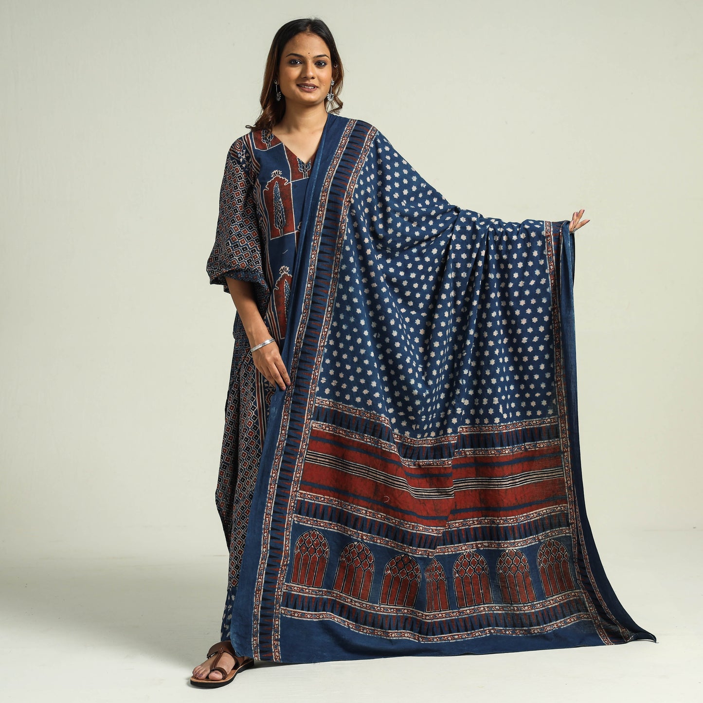 Ajrakh Kaftan with Palazzo & Dupatta Set