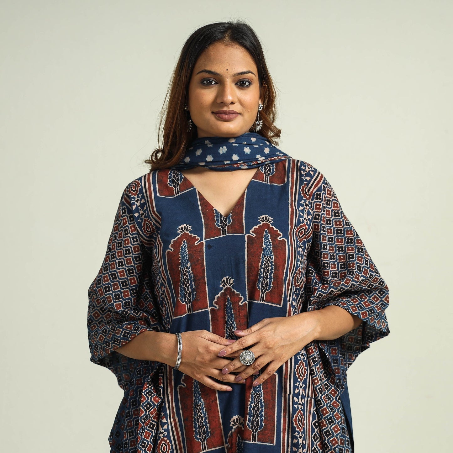 Ajrakh Kaftan with Palazzo & Dupatta Set