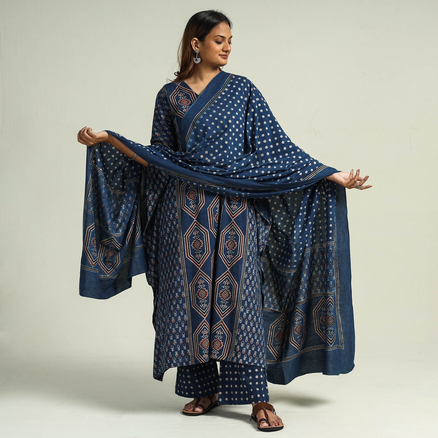 Ajrakh Kaftan with Palazzo & Dupatta Set