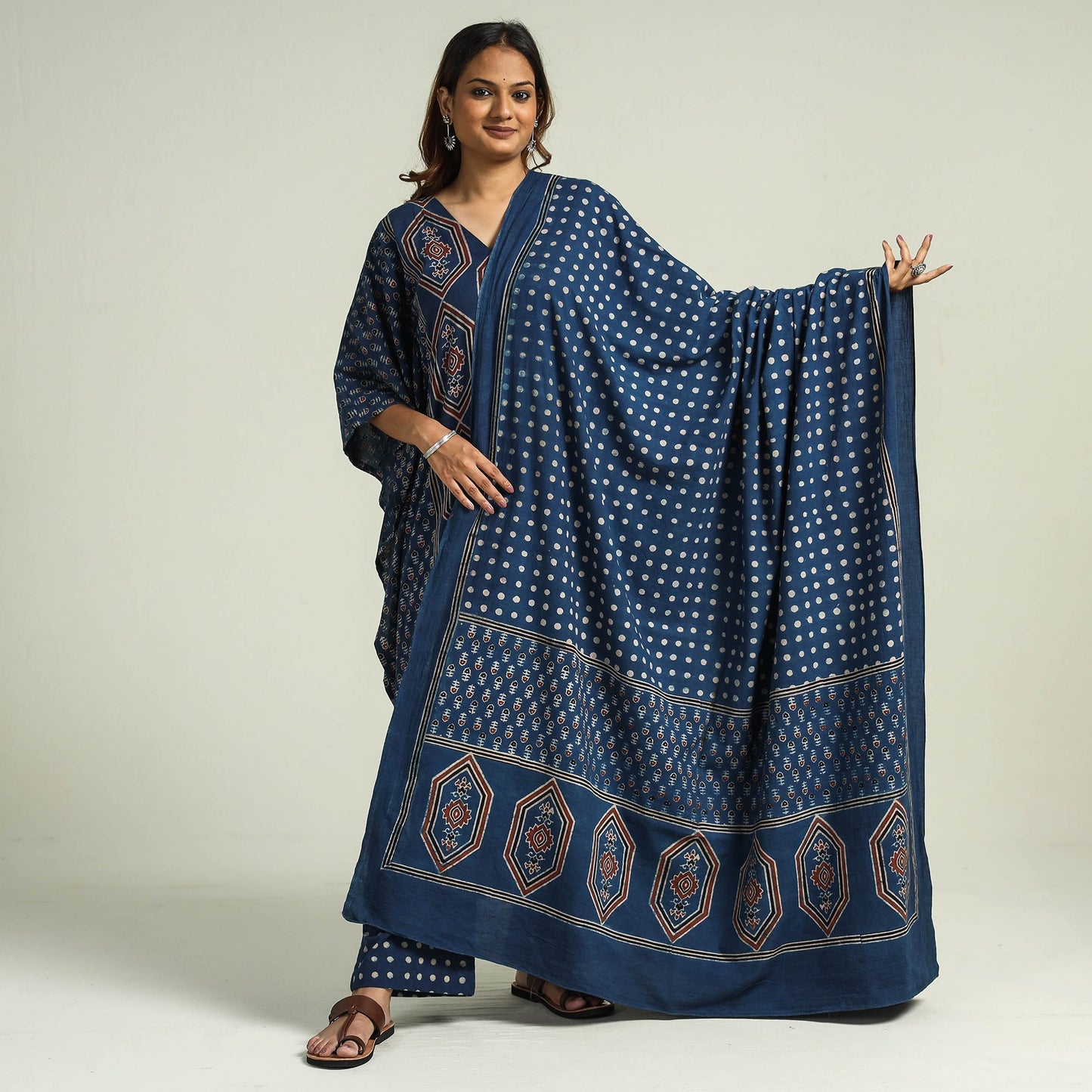 Ajrakh Kaftan with Palazzo & Dupatta Set