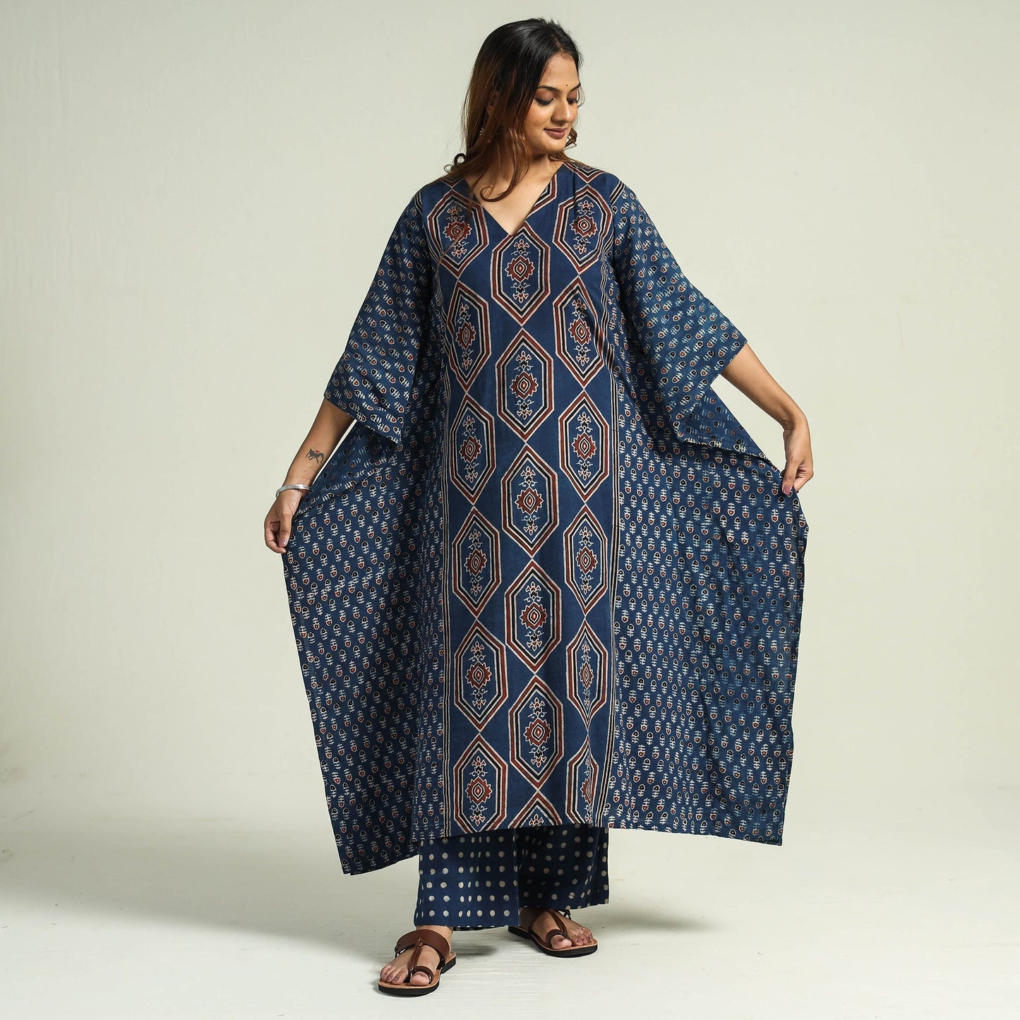 Ajrakh Kaftan with Palazzo & Dupatta Set