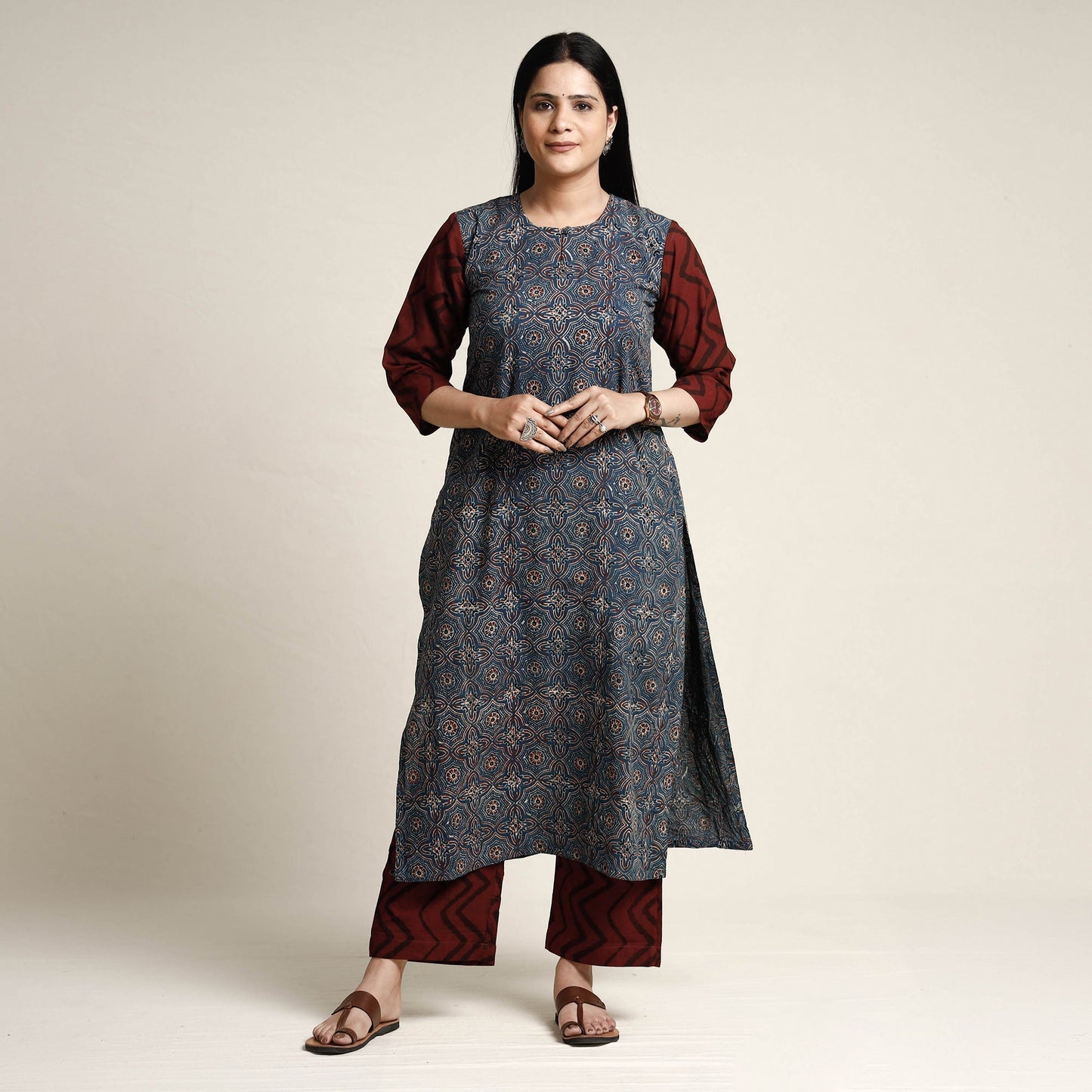 Buy Ajrakh Block Printed Cotton Kurta with Palazzo & Dupatta Set Online at iTokri.com