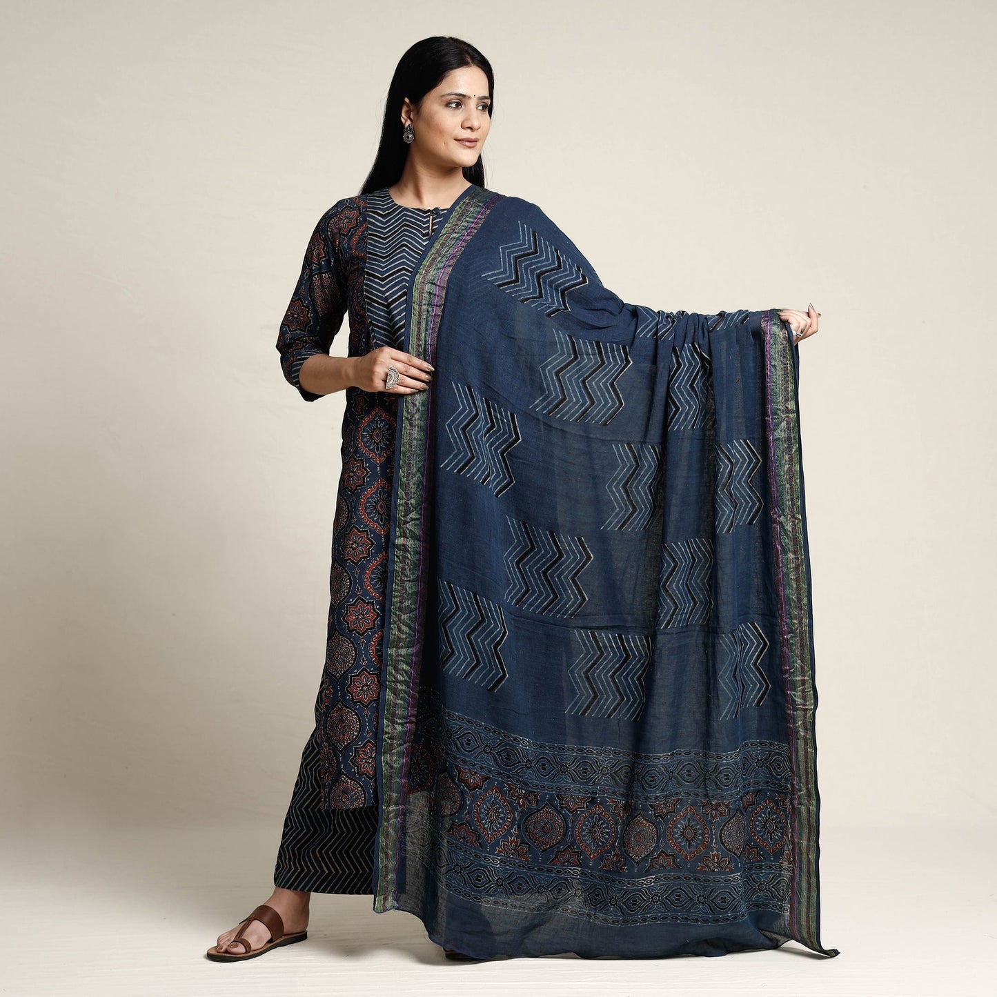 Buy Ajrakh Block Printed Cotton Kurta with Palazzo & Dupatta Set Online at iTokri.com