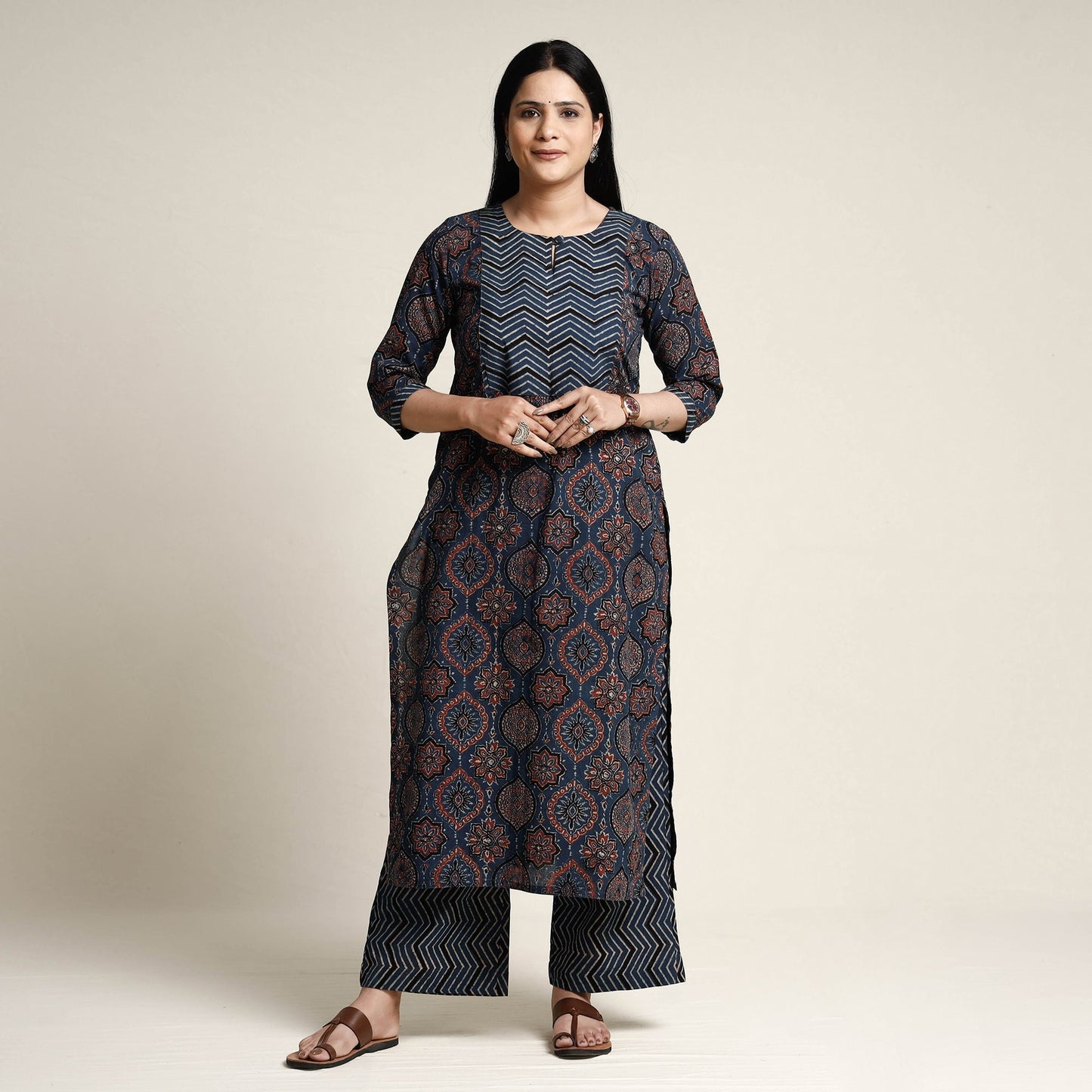 Buy Ajrakh Block Printed Cotton Kurta with Palazzo & Dupatta Set Online at iTokri.com