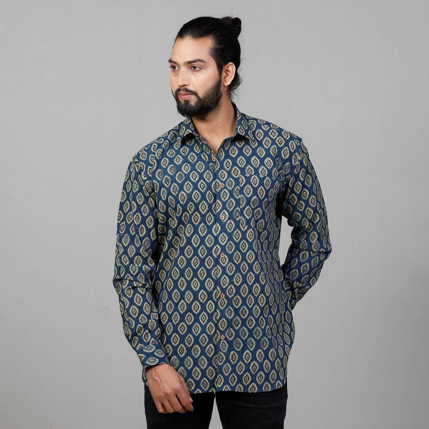 Buy Ajrakh Block Printed Cotton Men Full Sleeve Shirt Online at iTokri.com