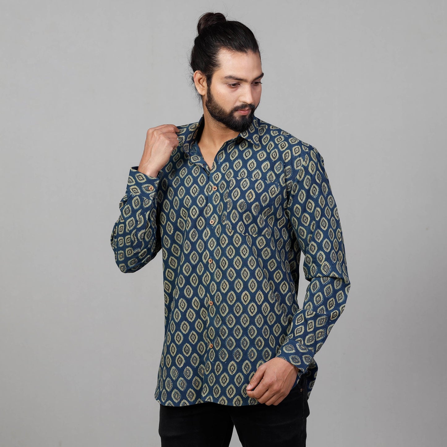 Buy Ajrakh Block Printed Cotton Men Full Sleeve Shirt Online at iTokri.com