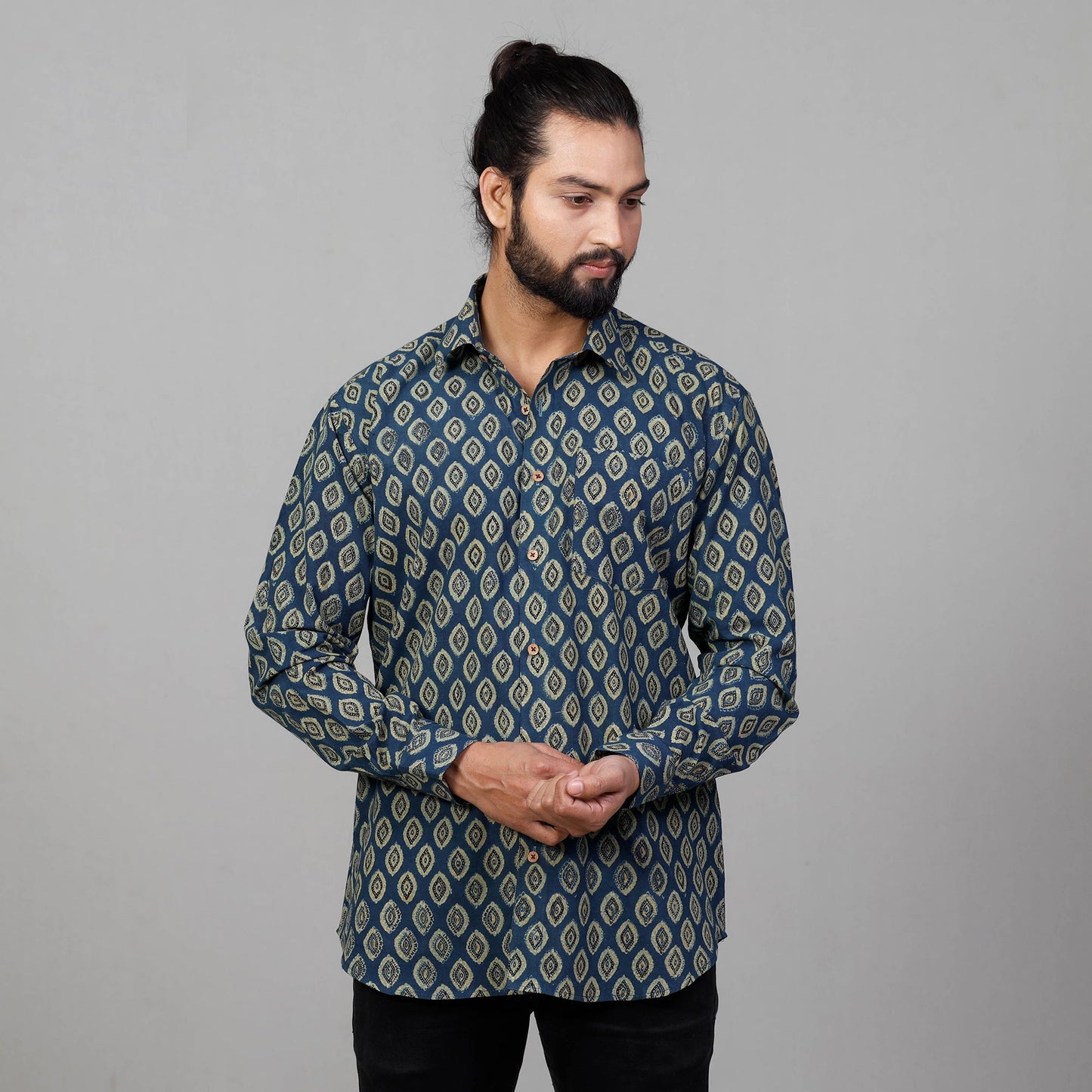 Buy Ajrakh Block Printed Cotton Men Full Sleeve Shirt Online at iTokri.com