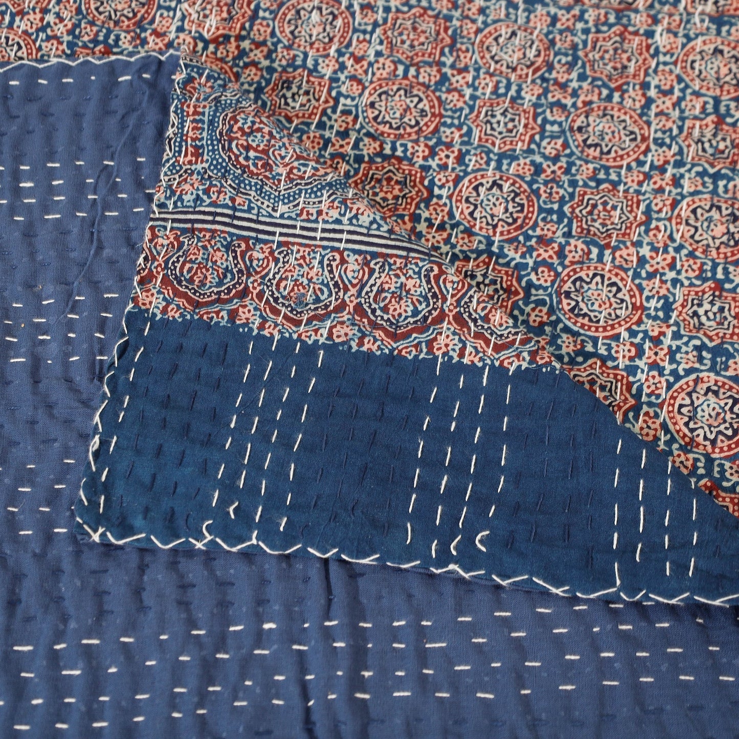 Ajrakh Block Printed Kantha Work Cotton Double Bed Cover Online at iTokri.com