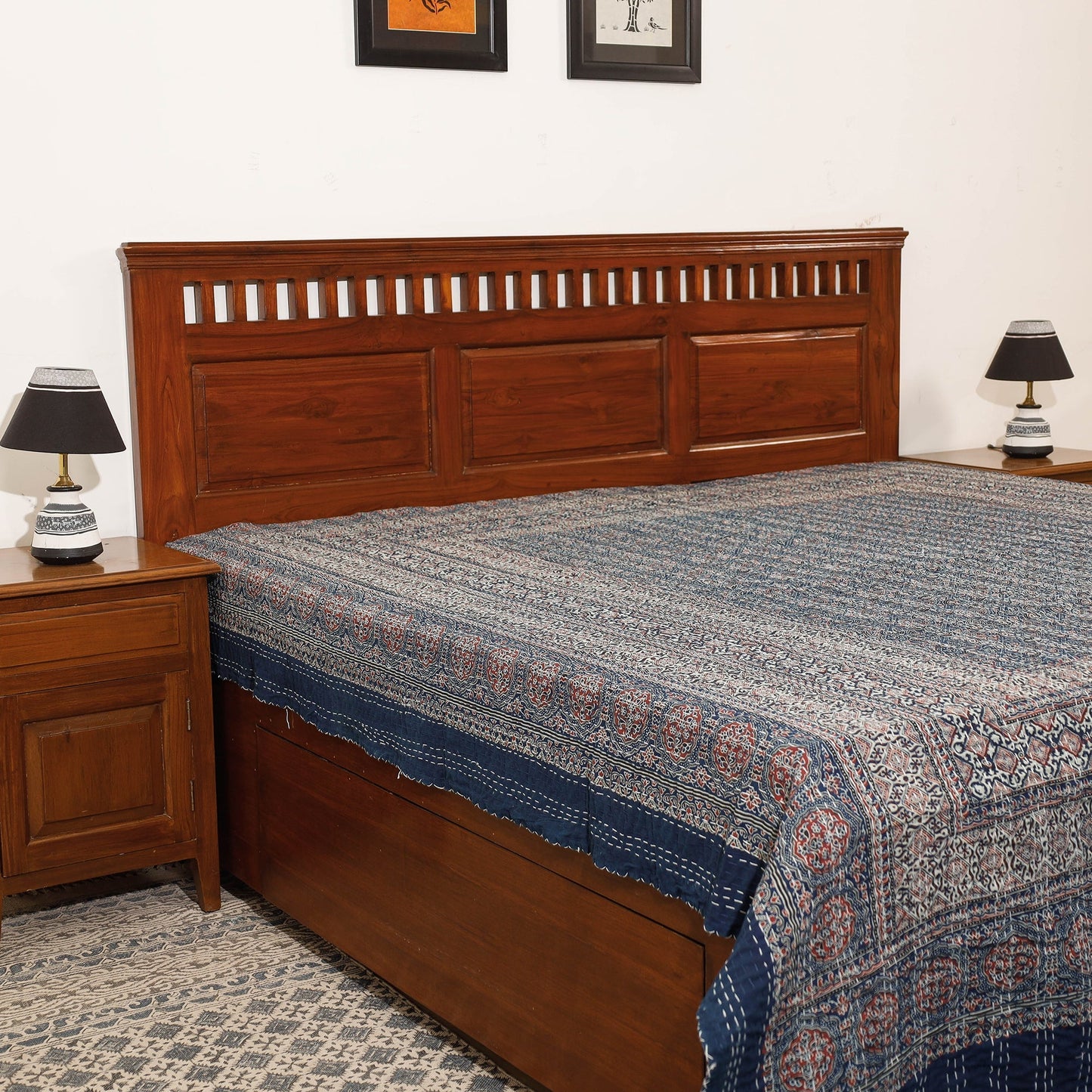 Ajrakh Block Printed Kantha Work Cotton Double Bed Cover Online at iTokri.com
