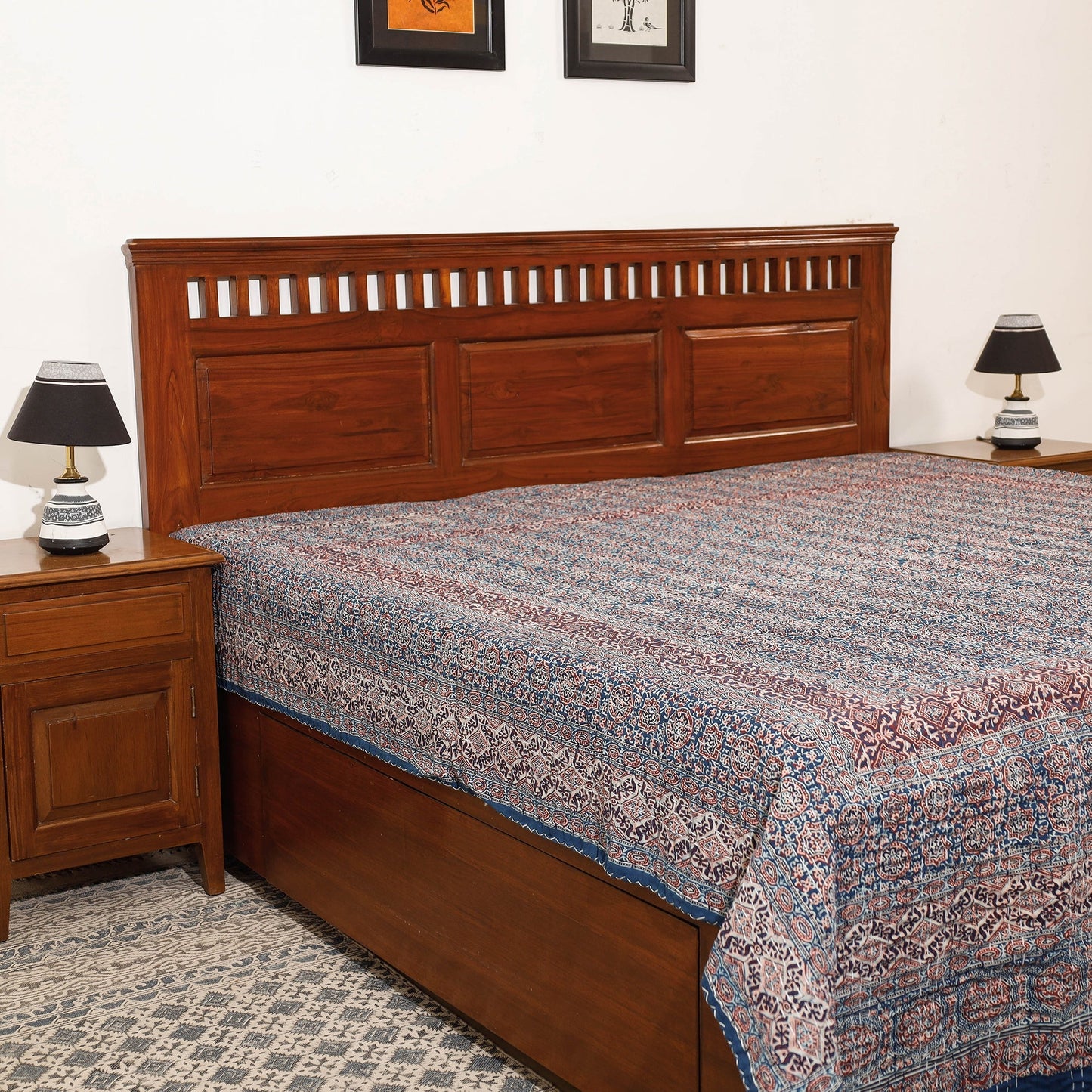 Ajrakh Block Printed Kantha Work Cotton Double Bed Cover Online at iTokri.com