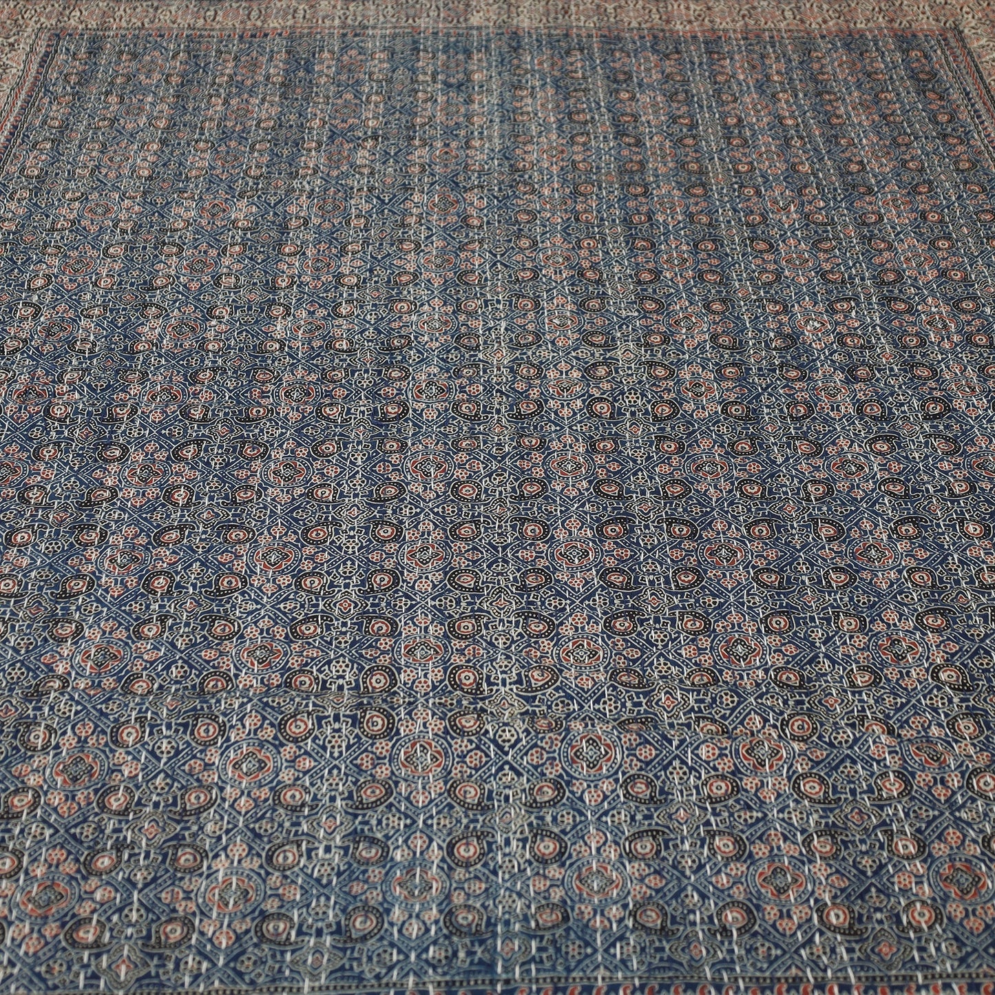 Ajrakh Block Printed Kantha Work Cotton Double Bed Cover Online at iTokri.com
