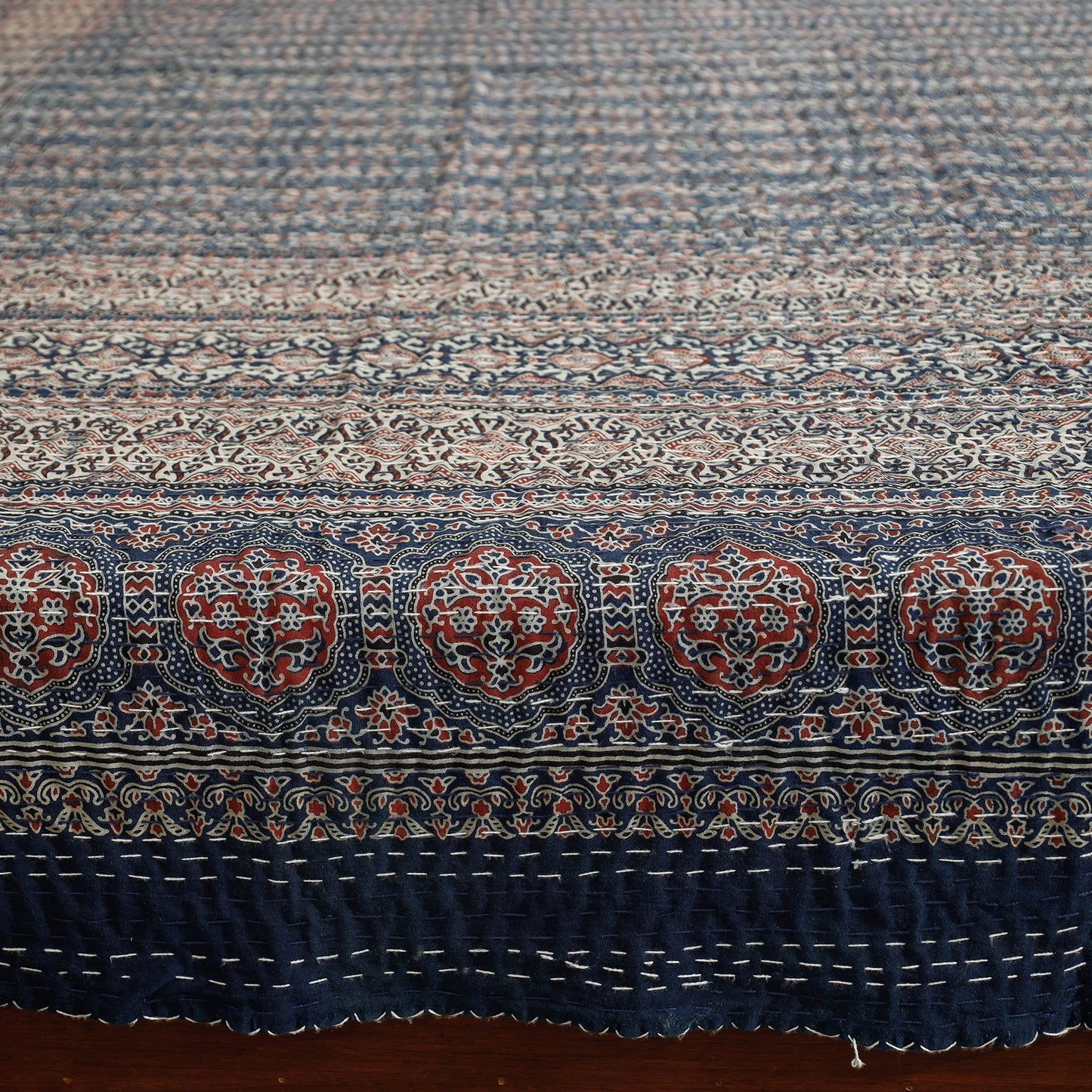 Ajrakh Block Printed Kantha Work Cotton Double Bed Cover Online at iTokri.com