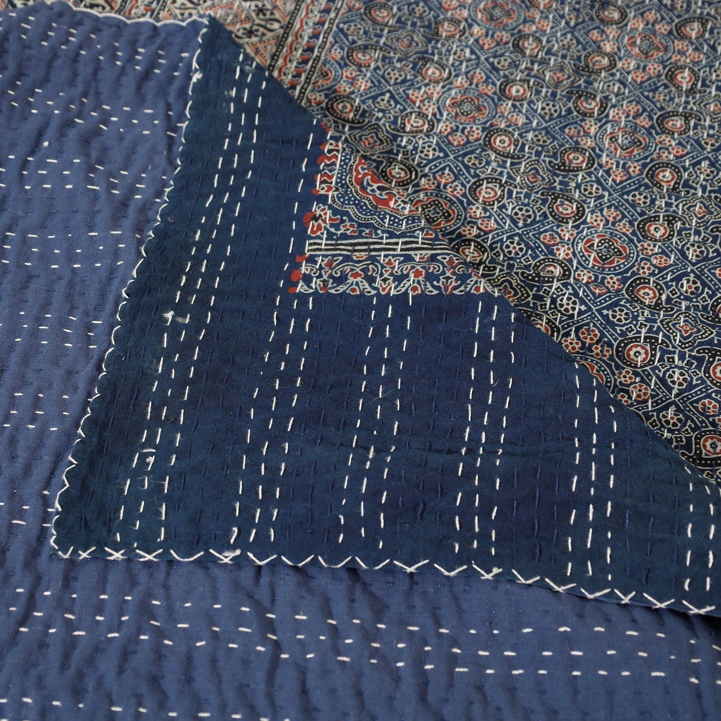 Ajrakh Block Printed Kantha Work Cotton Double Bed Cover Online at iTokri.com